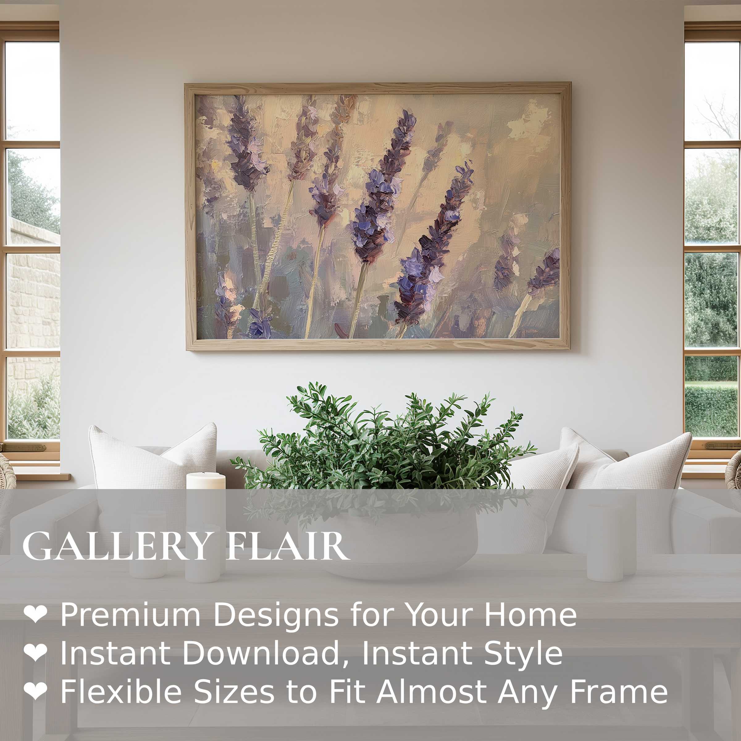 Botanical wall art print featuring soft lavender hues and textured brushstrokes, enhancing a serene modern farmhouse living room with natural elegance