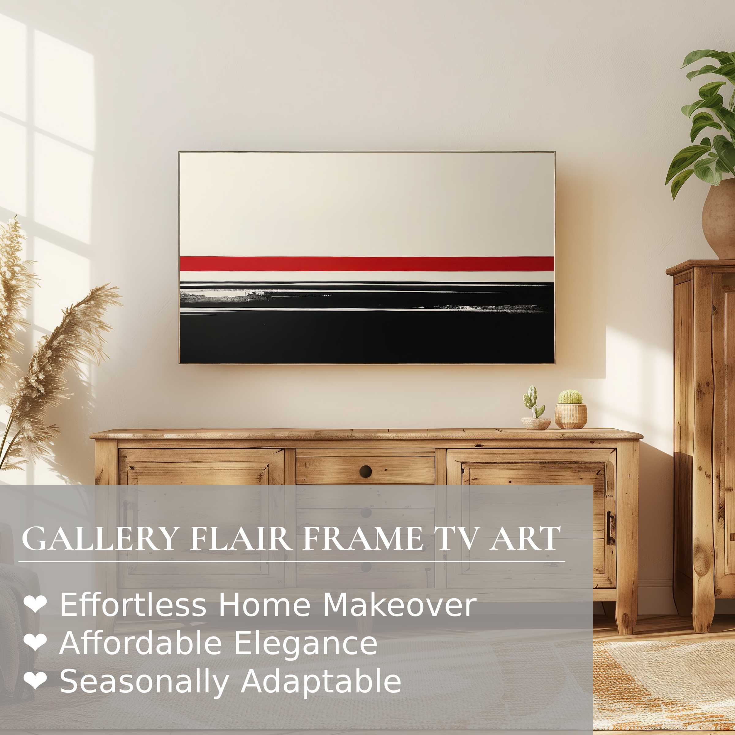 Samsung Frame TV displays sleek modern digital artwork with minimalist lines in a warm, stylish living space
