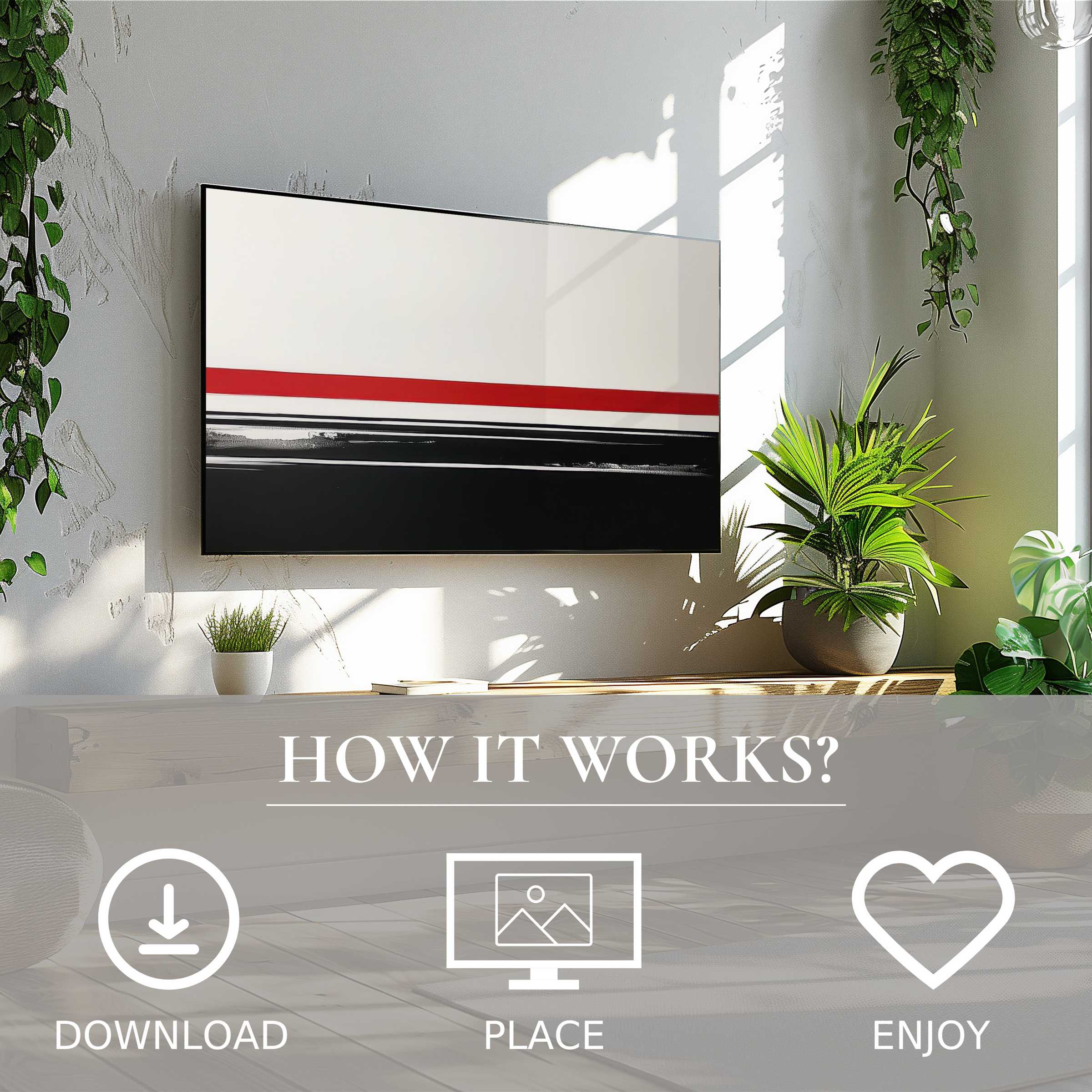 Modern art for Samsung TV: sleek digital download with bold black, white, and red horizontal lines enriches minimalist living spaces