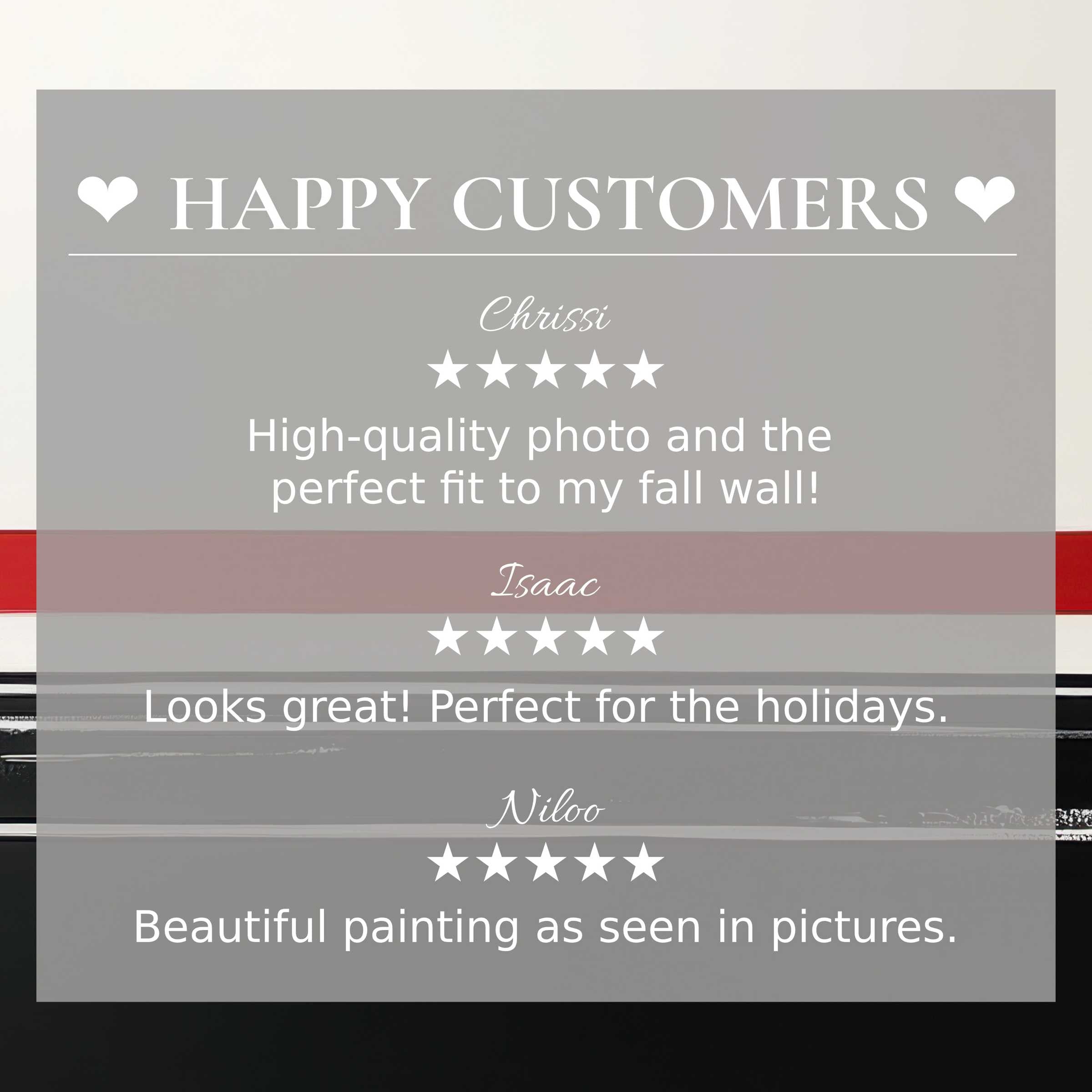 Modern art for Frame TV with abstract red, black strokes; layout highlights happy customer reviews, building trust and elegance