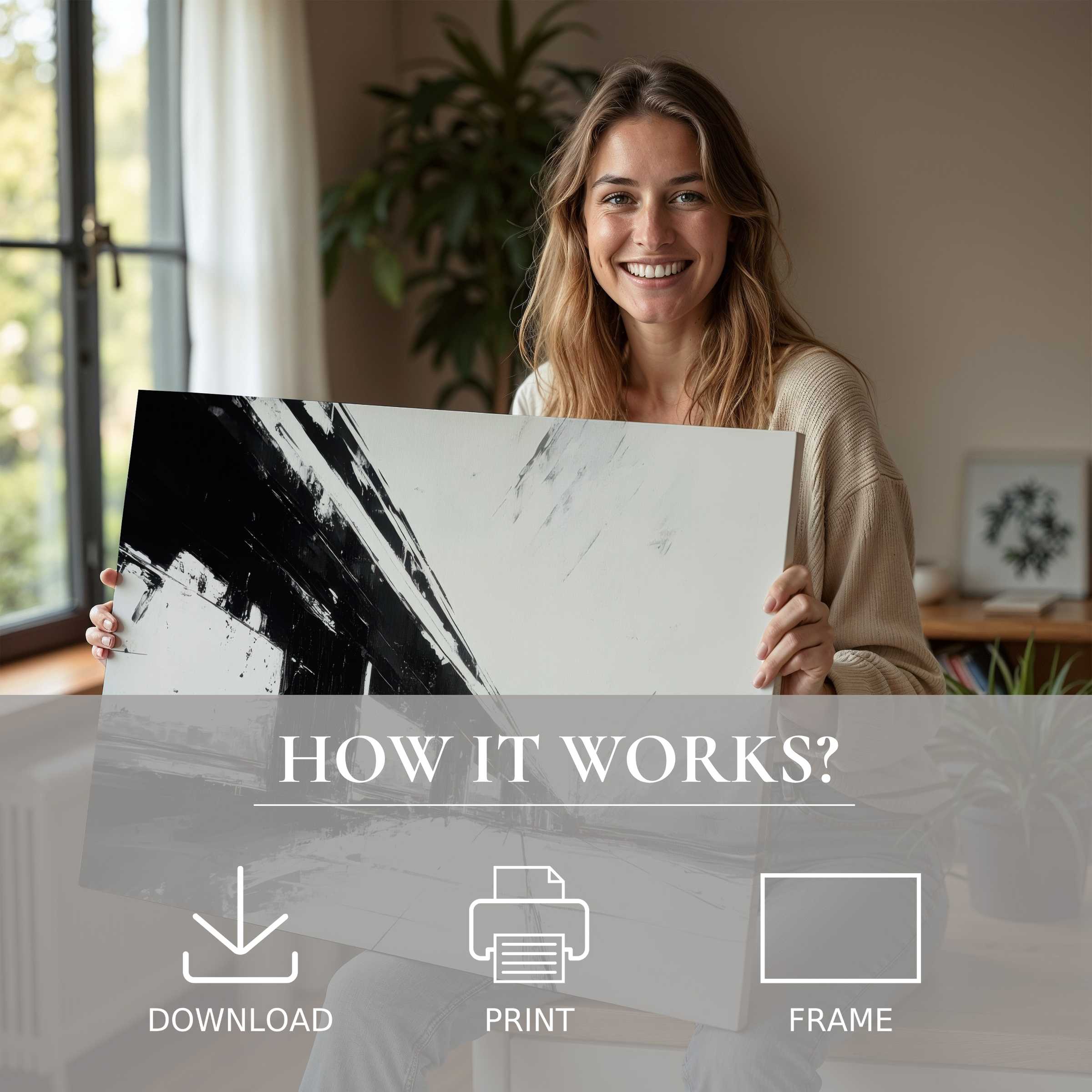A radiant moment of pure joy captured as she embraces a black and white digital art print, blending serenity and modern elegance effortlessly in her stylish home