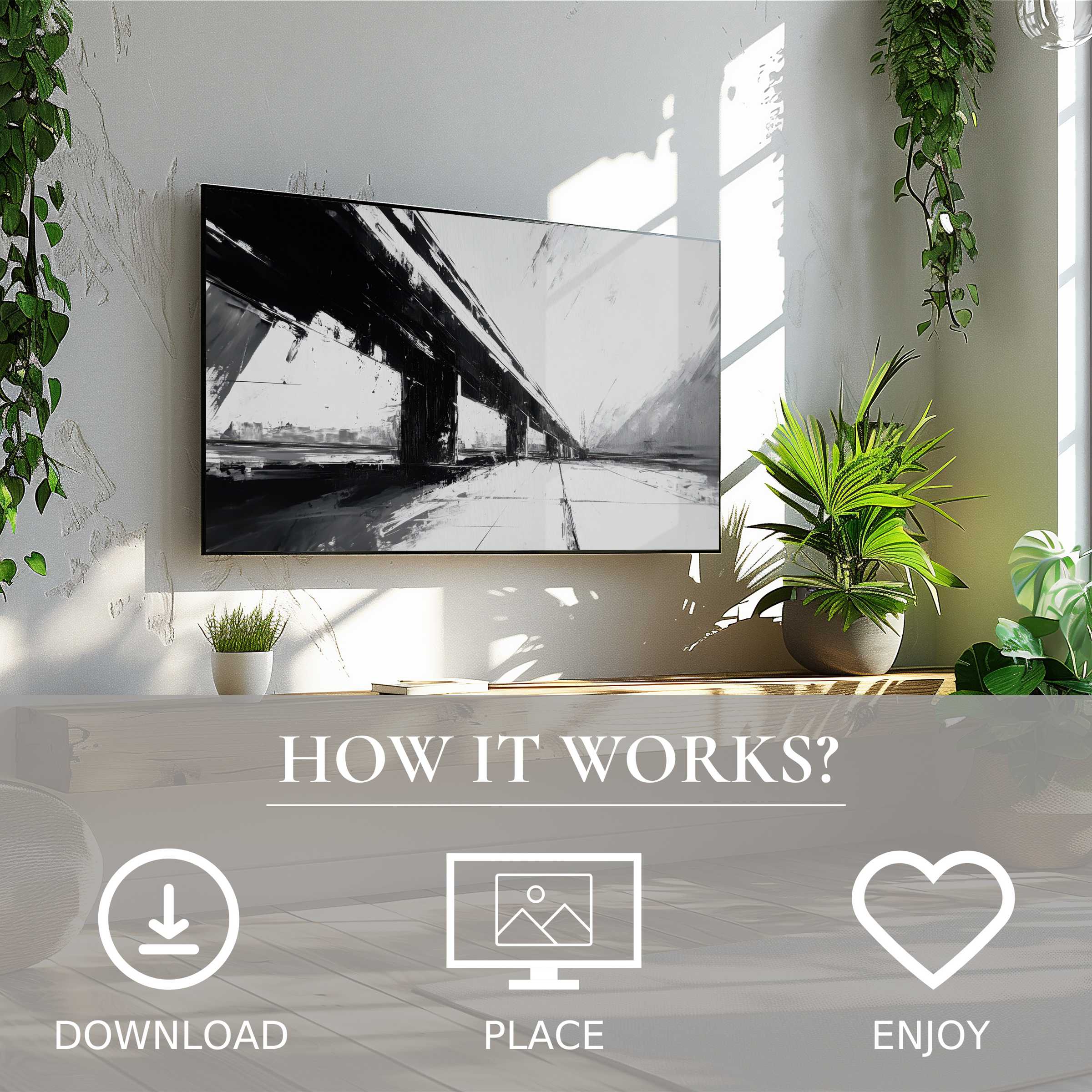 Black and white art for Samsung TV shows abstract urban lines; easy digital download enriches modern living spaces