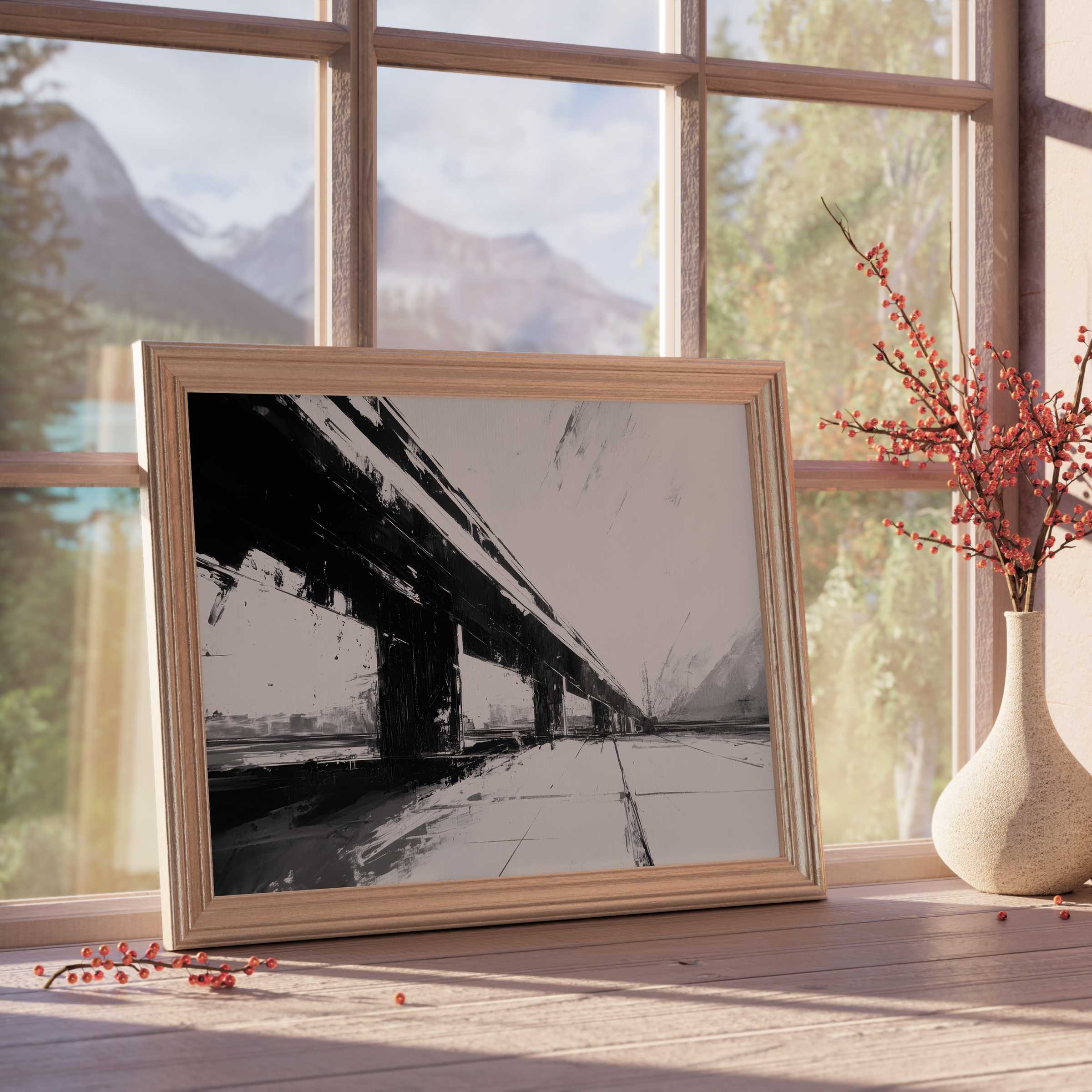 Sleek black and white downloadable art capturing an abstract urban bridge, enhancing modern, tranquil interiors with curated, minimalist elegance