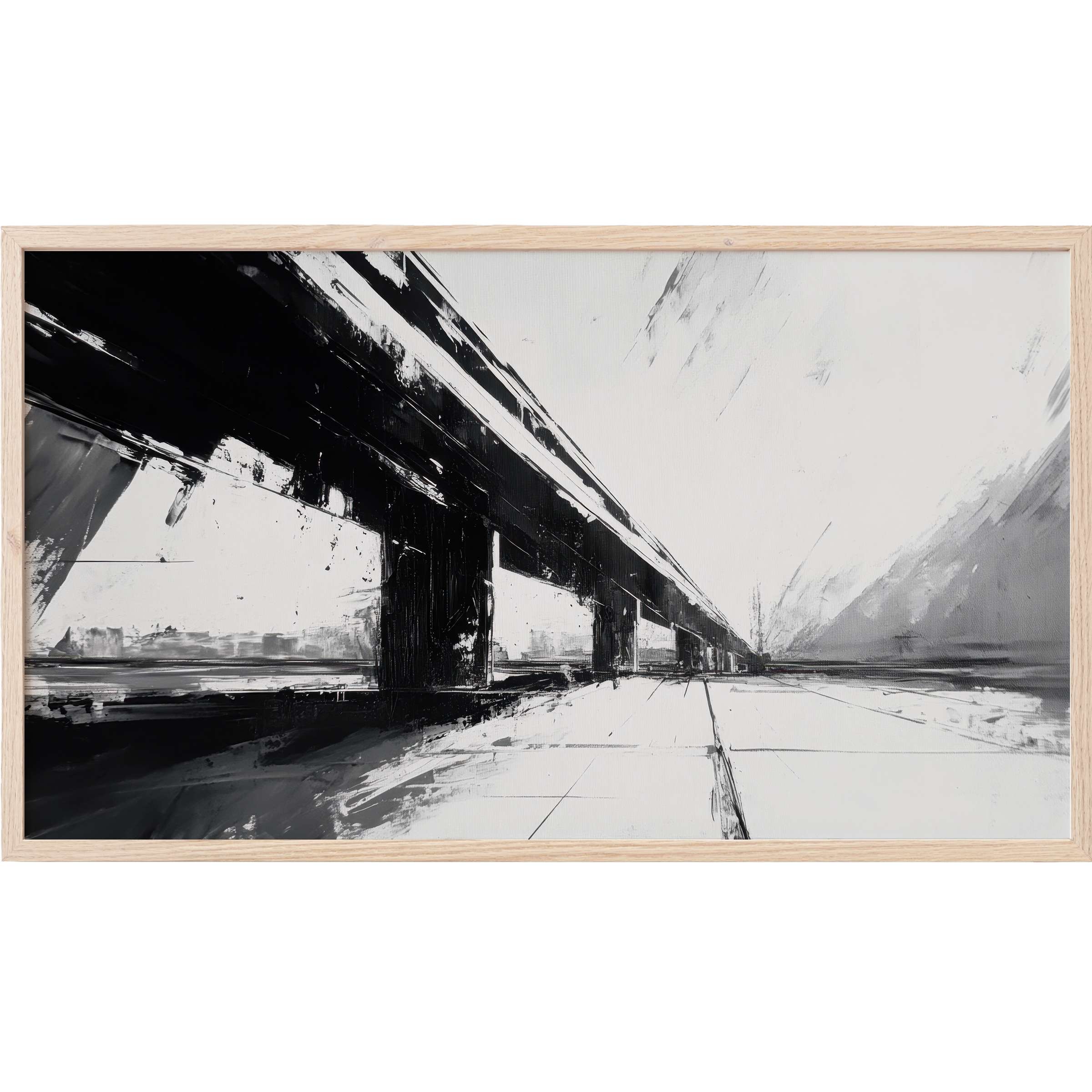Abstract urban bridge in dynamic black and white brushstrokes, a sleek black and white Frame TV Art piece