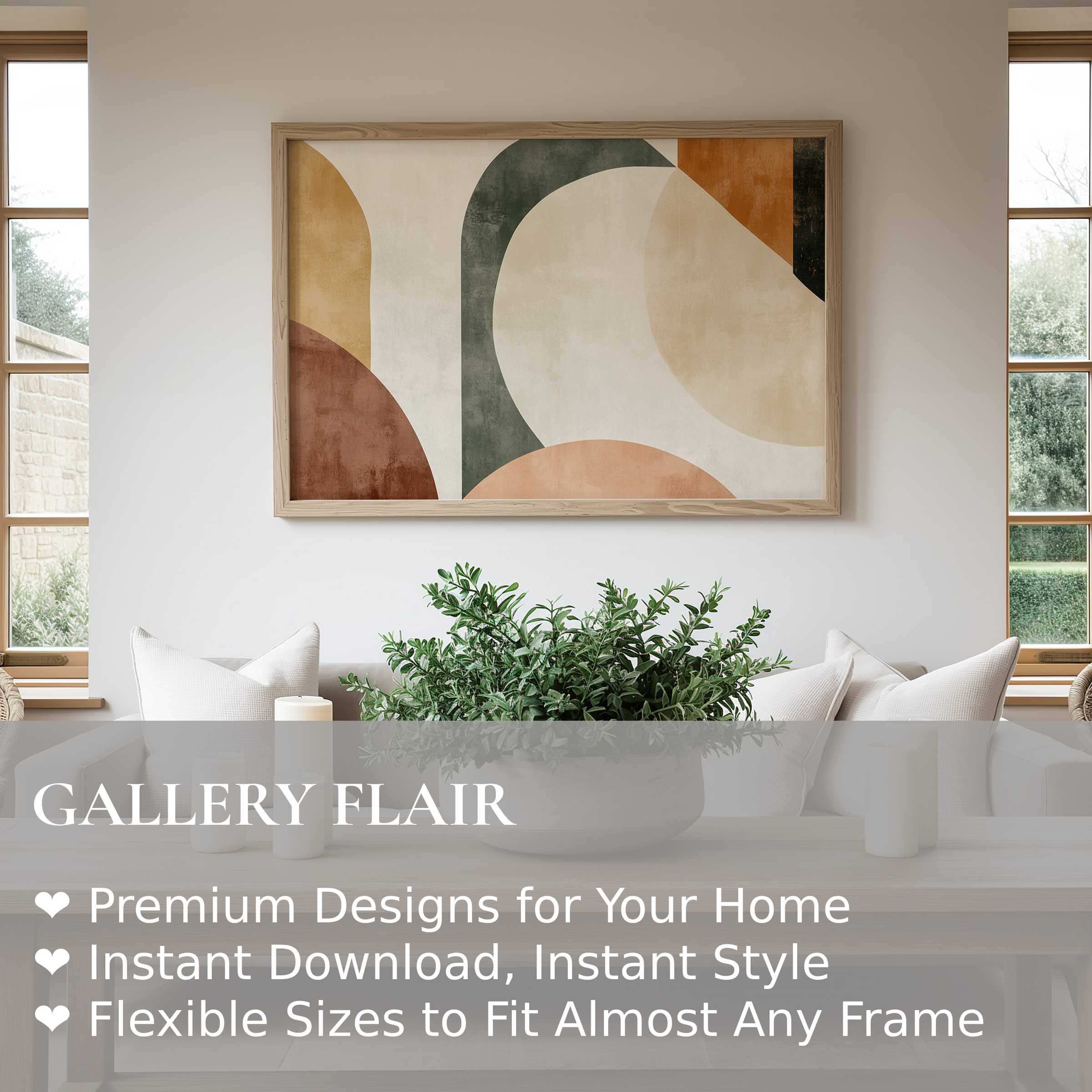 Abstract wall art print with soft earth tones and curved geometry, enhancing serene modern living rooms with warm, minimalist elegance
