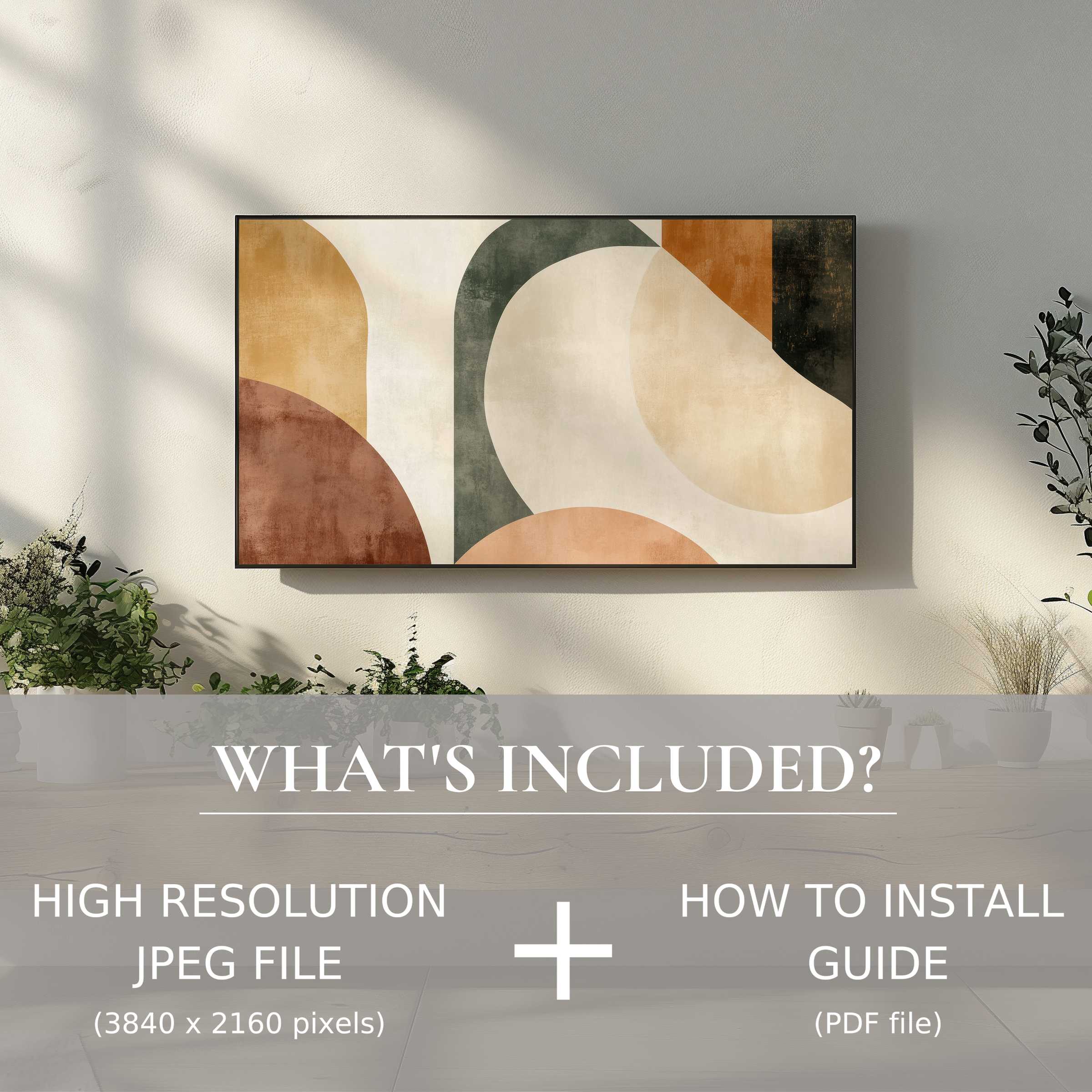 Elegant abstract digital TV art download with warm tones, enhancing living spaces via easy digital use and modern style