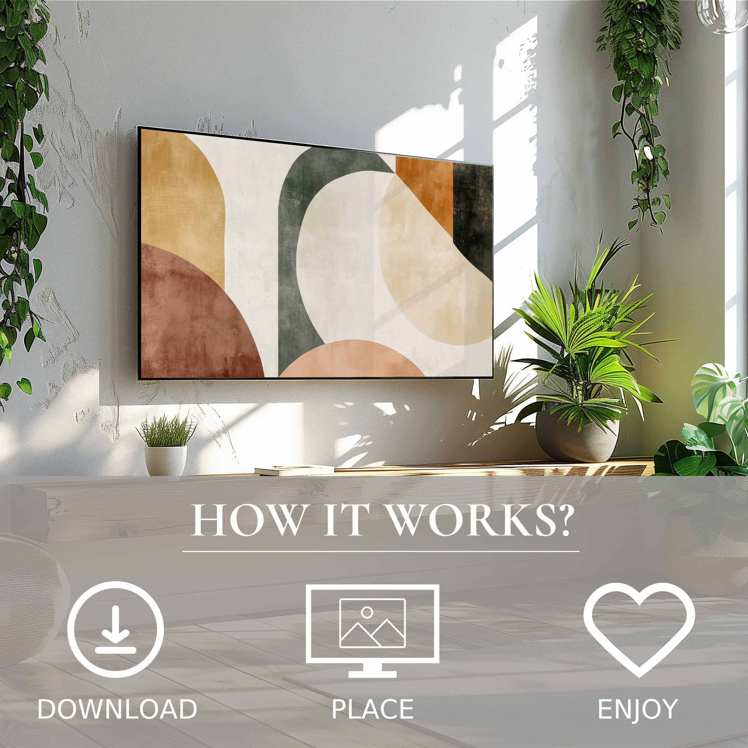 Abstract art for Samsung TV shows warm color flow in a modern living room; easy digital download enhances decor effortlessly