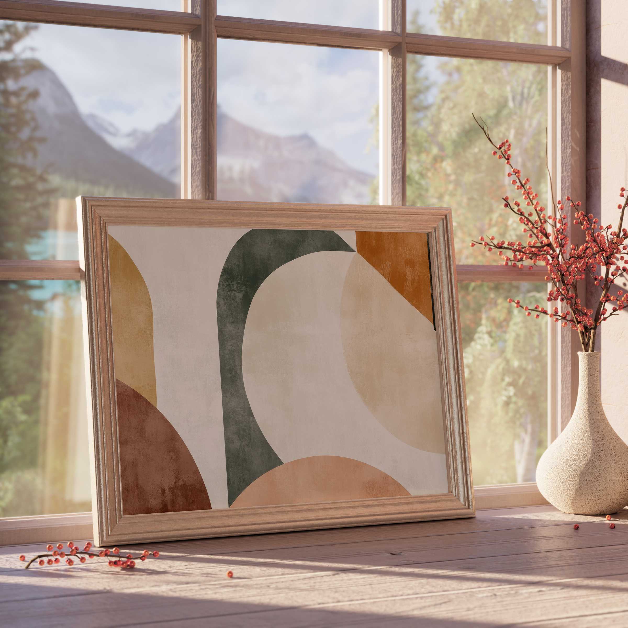 Serene abstract downloadable art with earthy tones and soft curves, perfect for elevating curated, tranquil home interiors