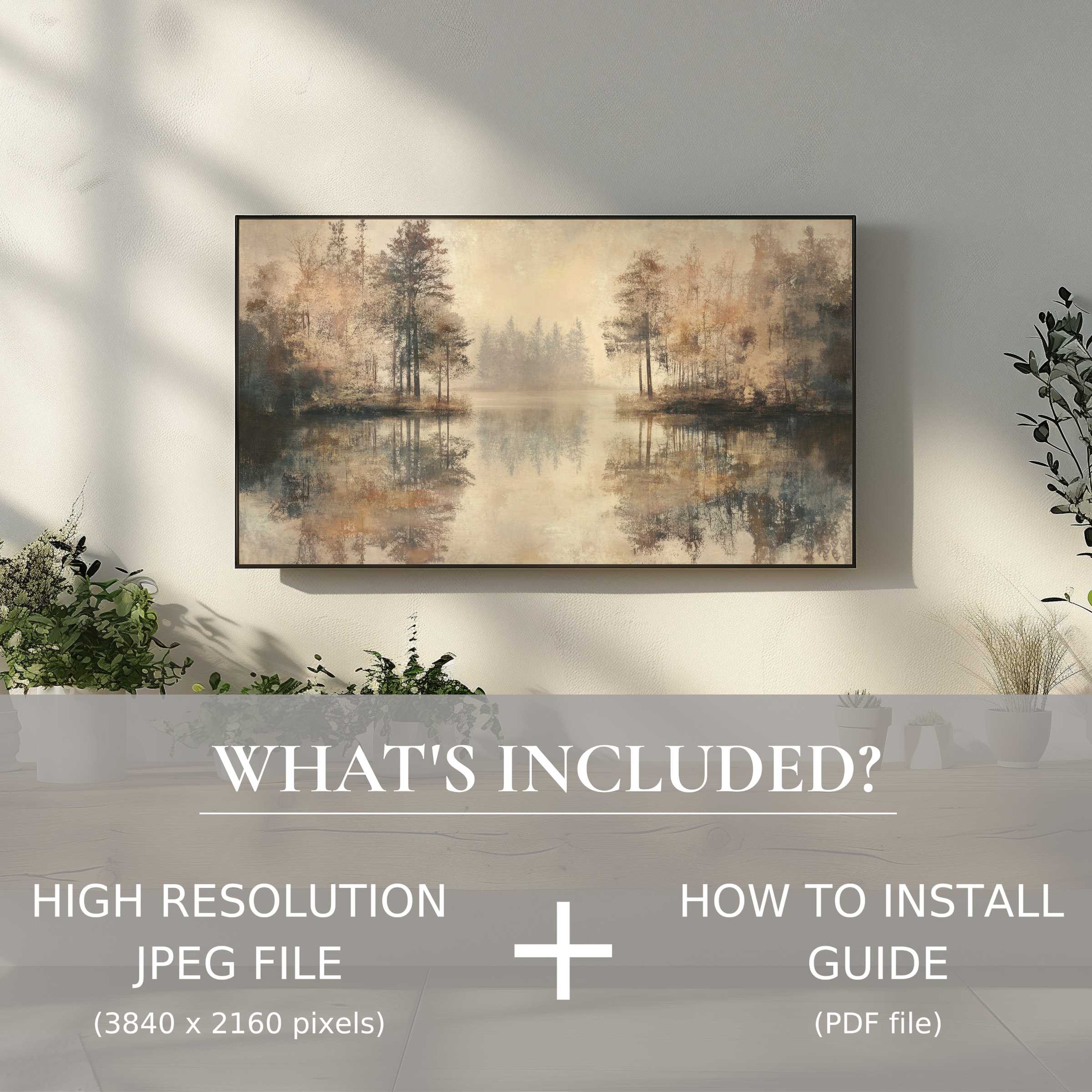 Elegant neutral digital TV art download with easy use, enhancing modern living spaces with serene, stylish landscape visuals