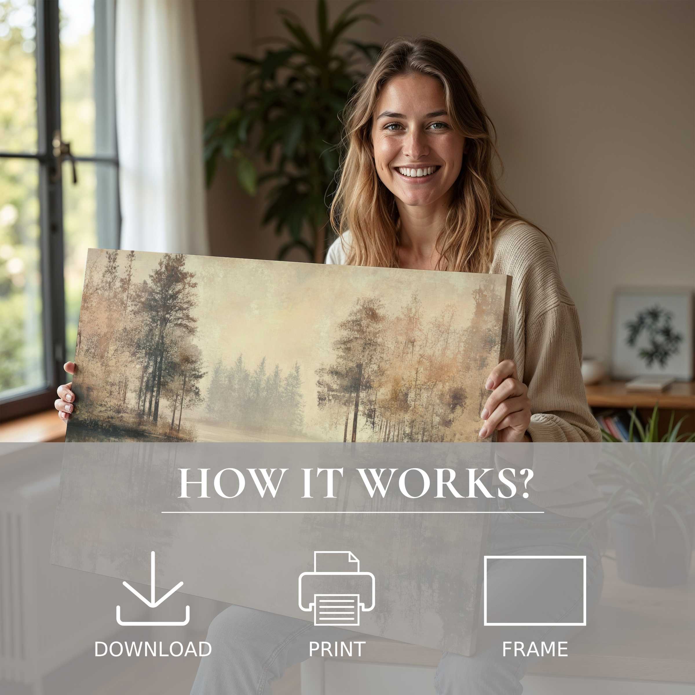 A serene moment of joyful connection in a modern home, showcasing a neutral digital art print that transforms living spaces with effortless elegance