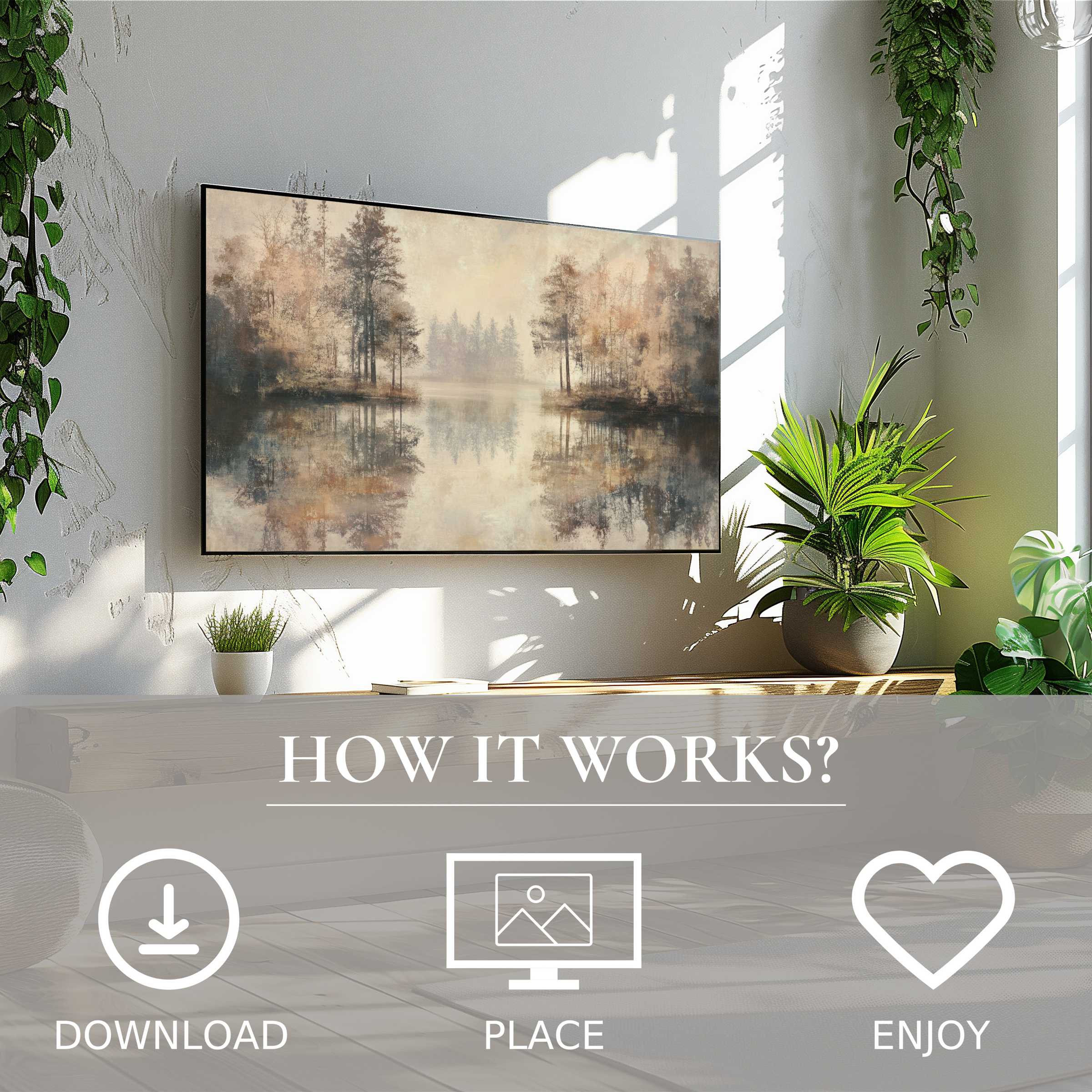Neutral art for Samsung TV featuring soft misty forest tones, easy digital download enhances your modern living space
