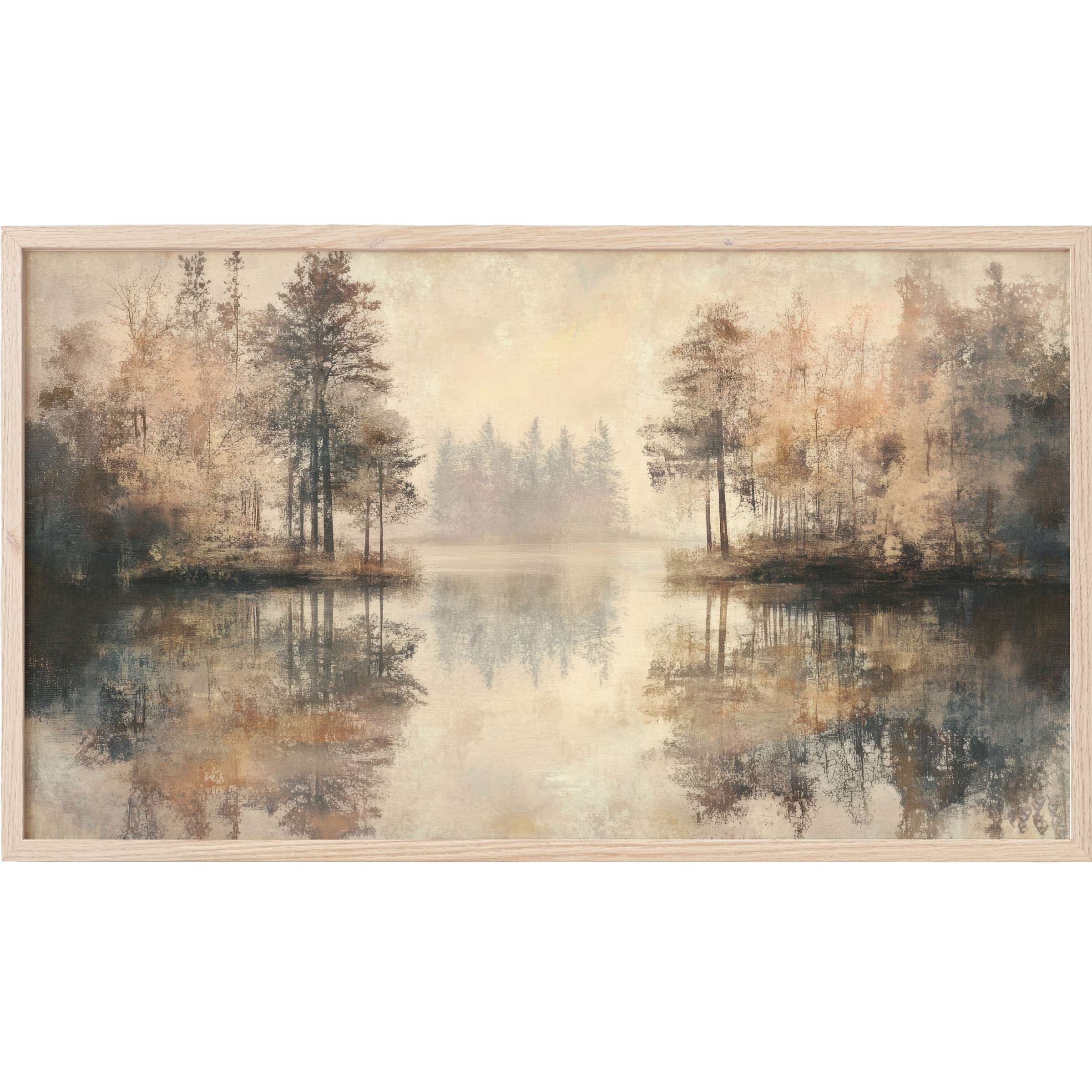 Serene lakeside forest in soft browns and grays with misty reflections, perfect neutral Frame TV Art