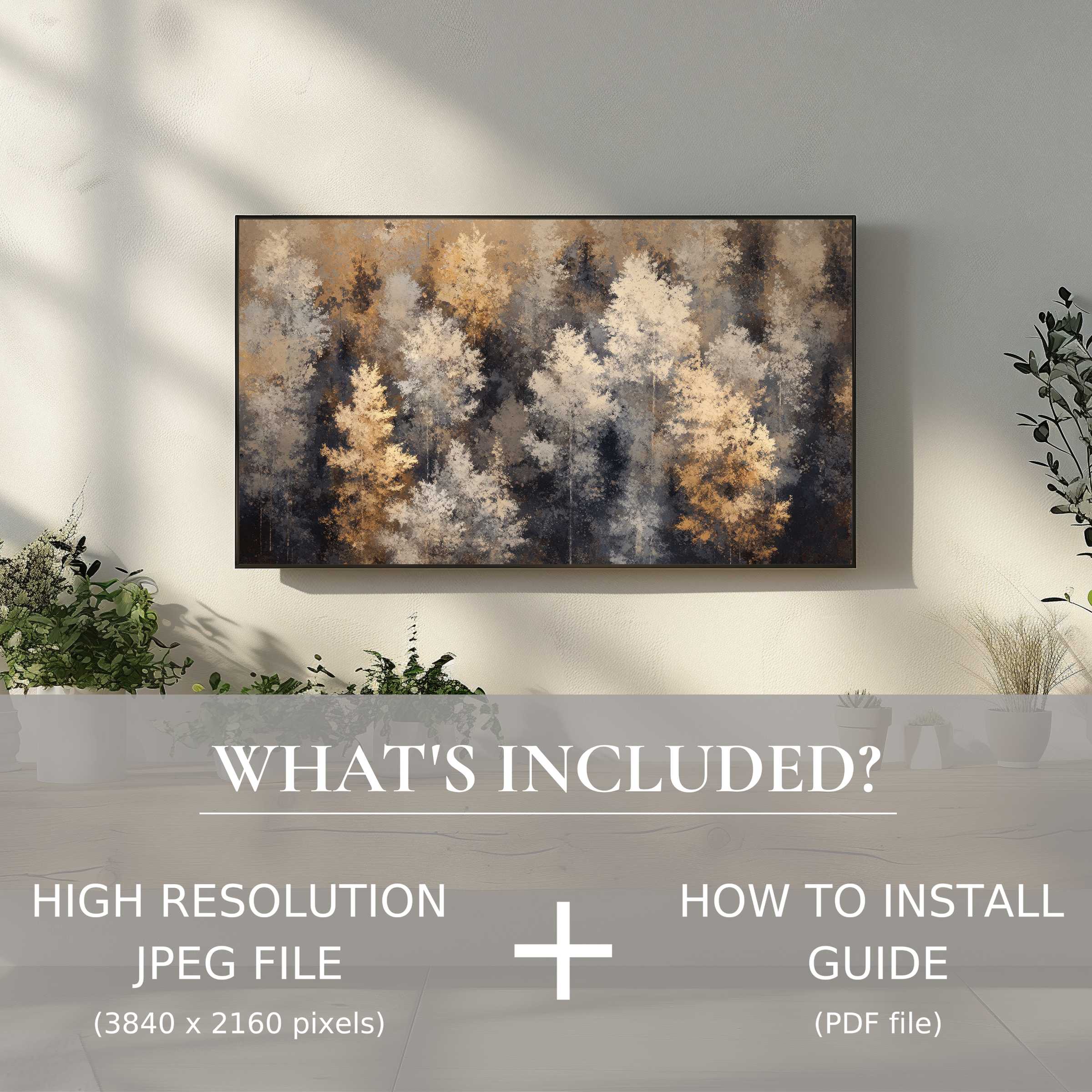 Elegant tree digital TV art download in serene living space, easy digital use enhances modern decor ambiance