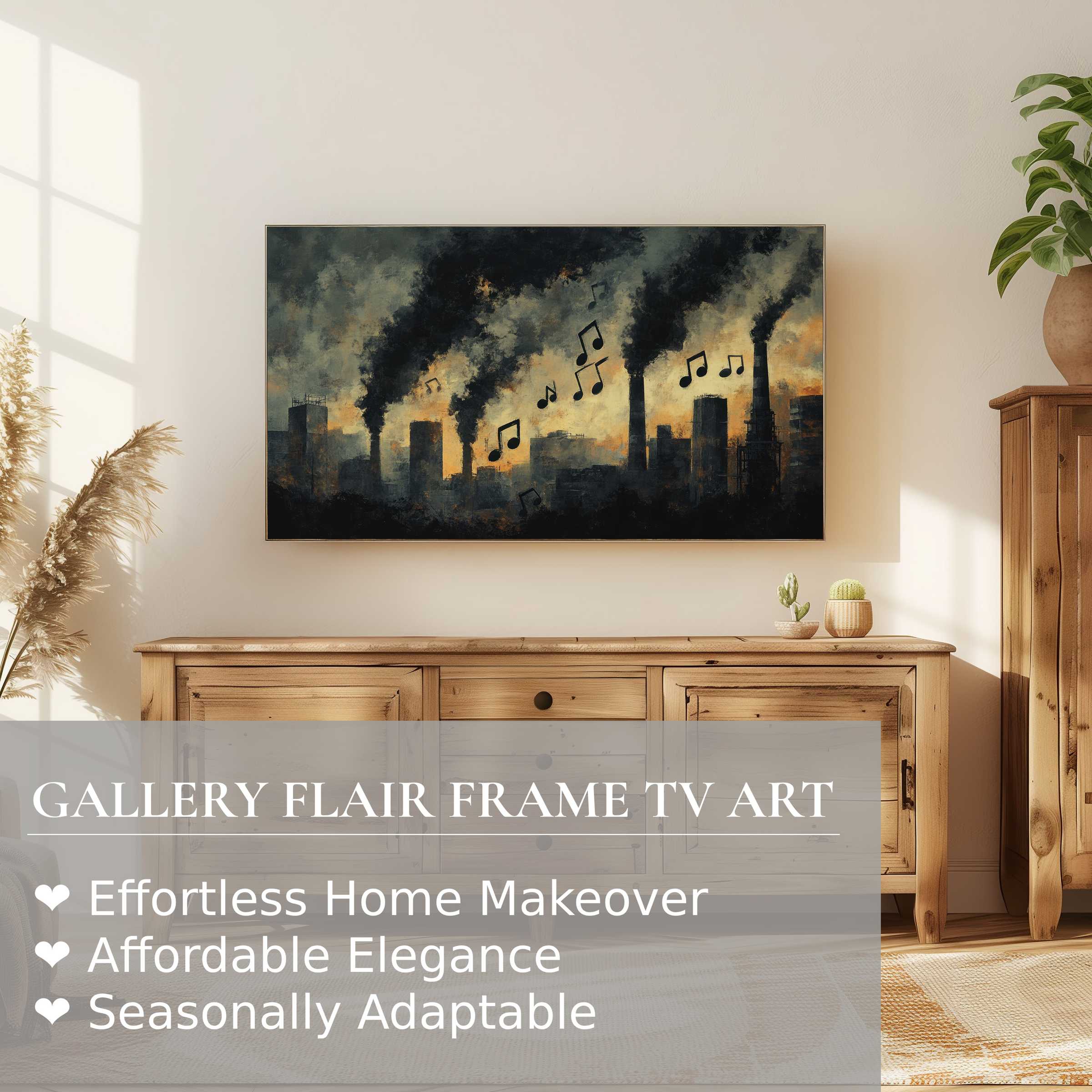 Samsung Frame TV featuring moody street art digital artwork of smoky cityscape with musical notes, perfect modern decor