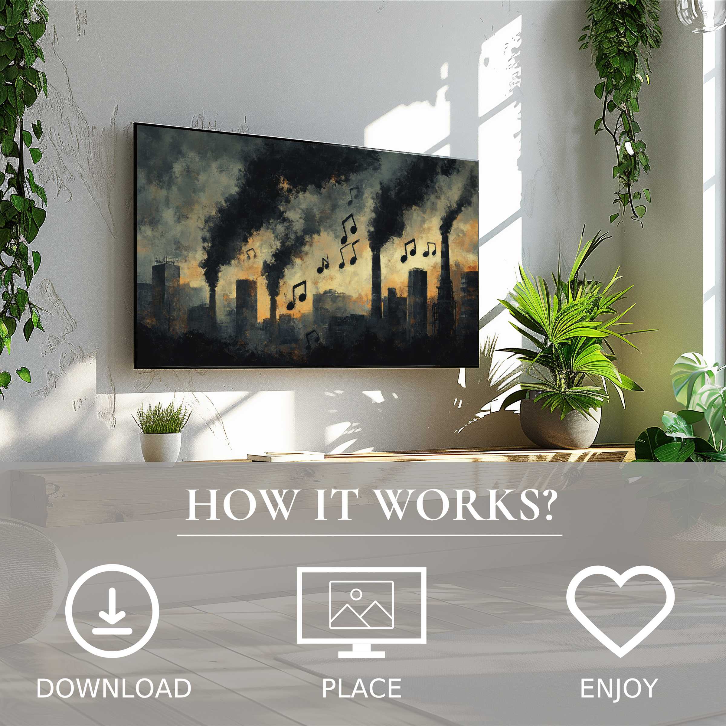 Modern living room with street art for Samsung TV featuring smoky industrial skyline and musical notes; easy digital download