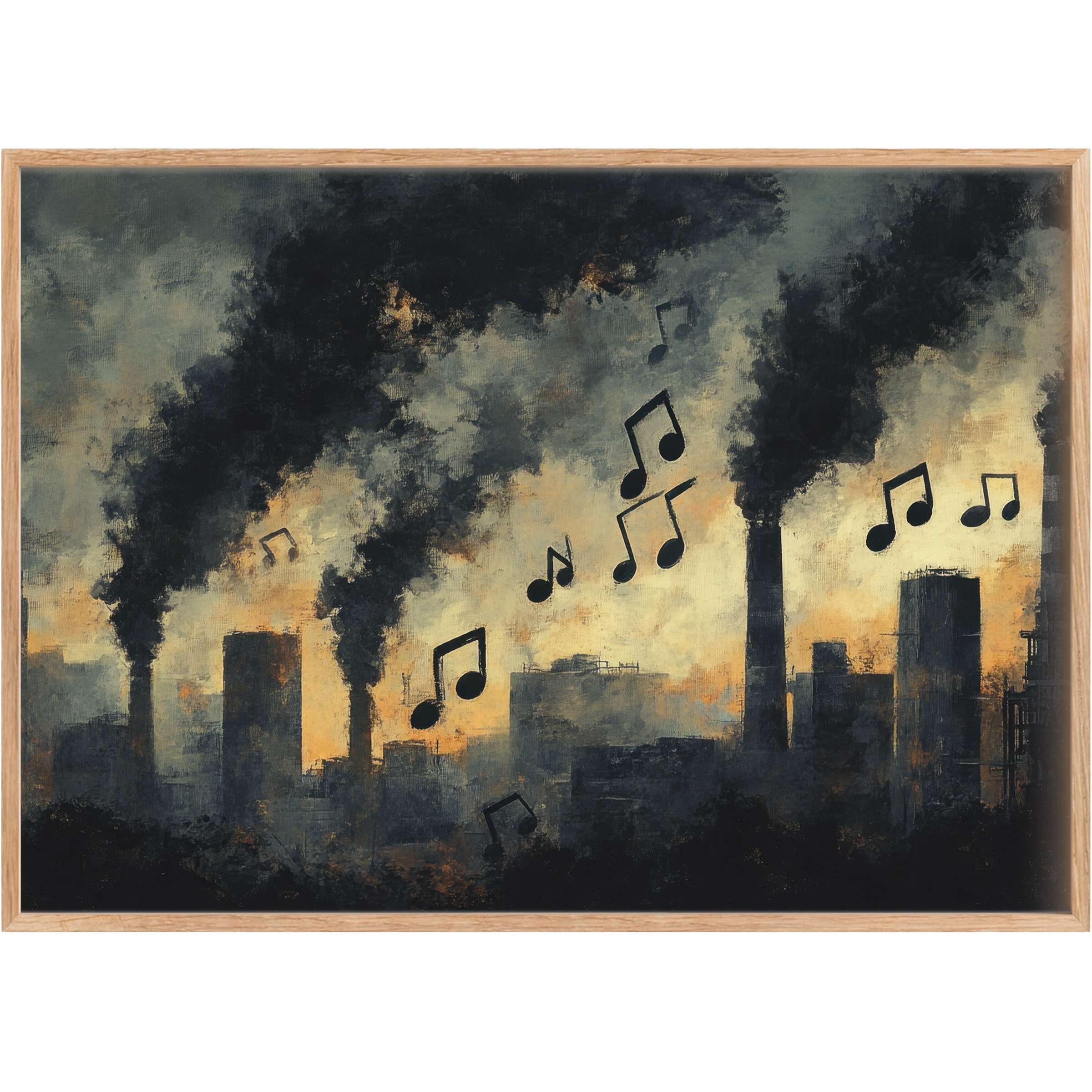 Moody street art printable wall art blending smoky grays and amber hues with playful musical notes, evoking urban rhythm and raw elegance