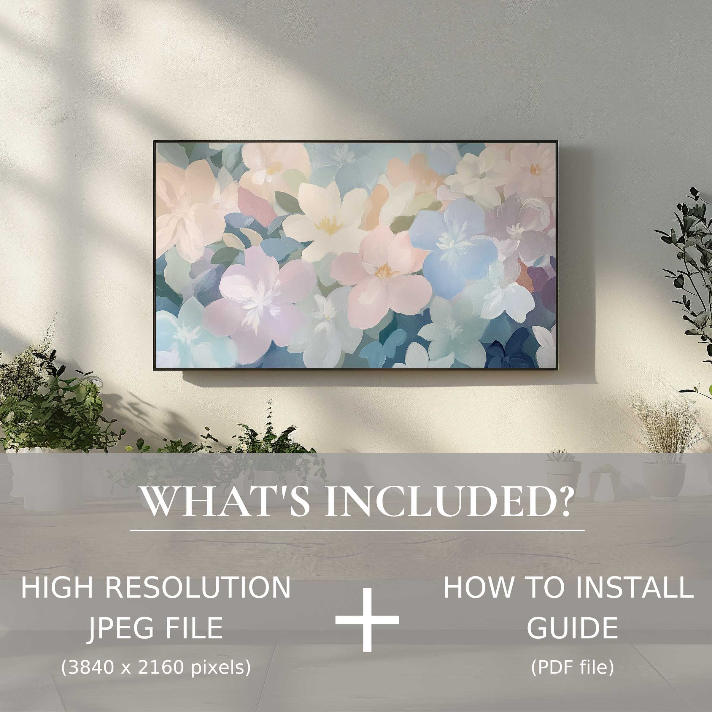 Elegant nursery digital TV art download with floral design enhances your space; easy digital use for stylish decor