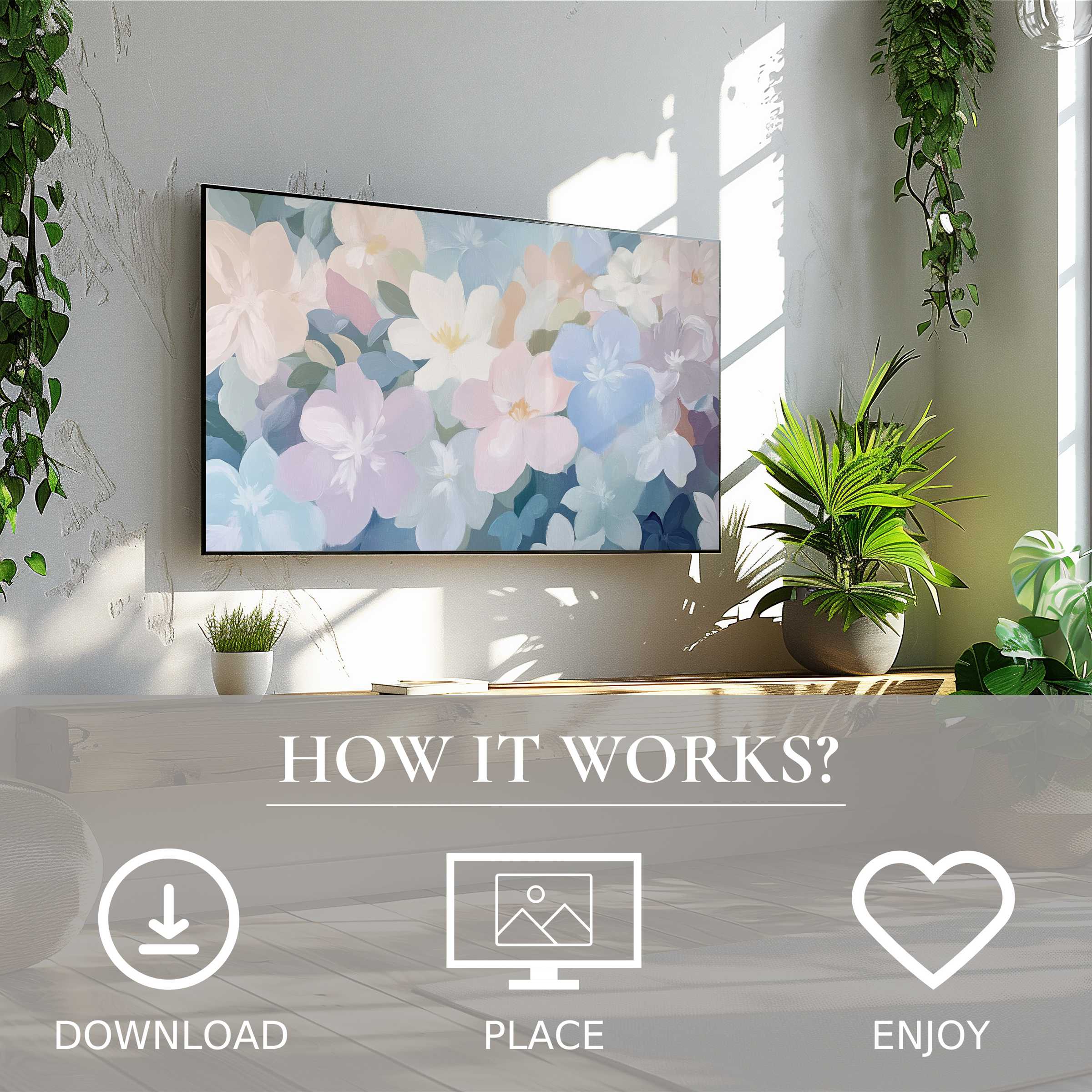 Nursery art for Samsung TV in soft pastel flowers, easy digital download to enhance bright, modern living spaces