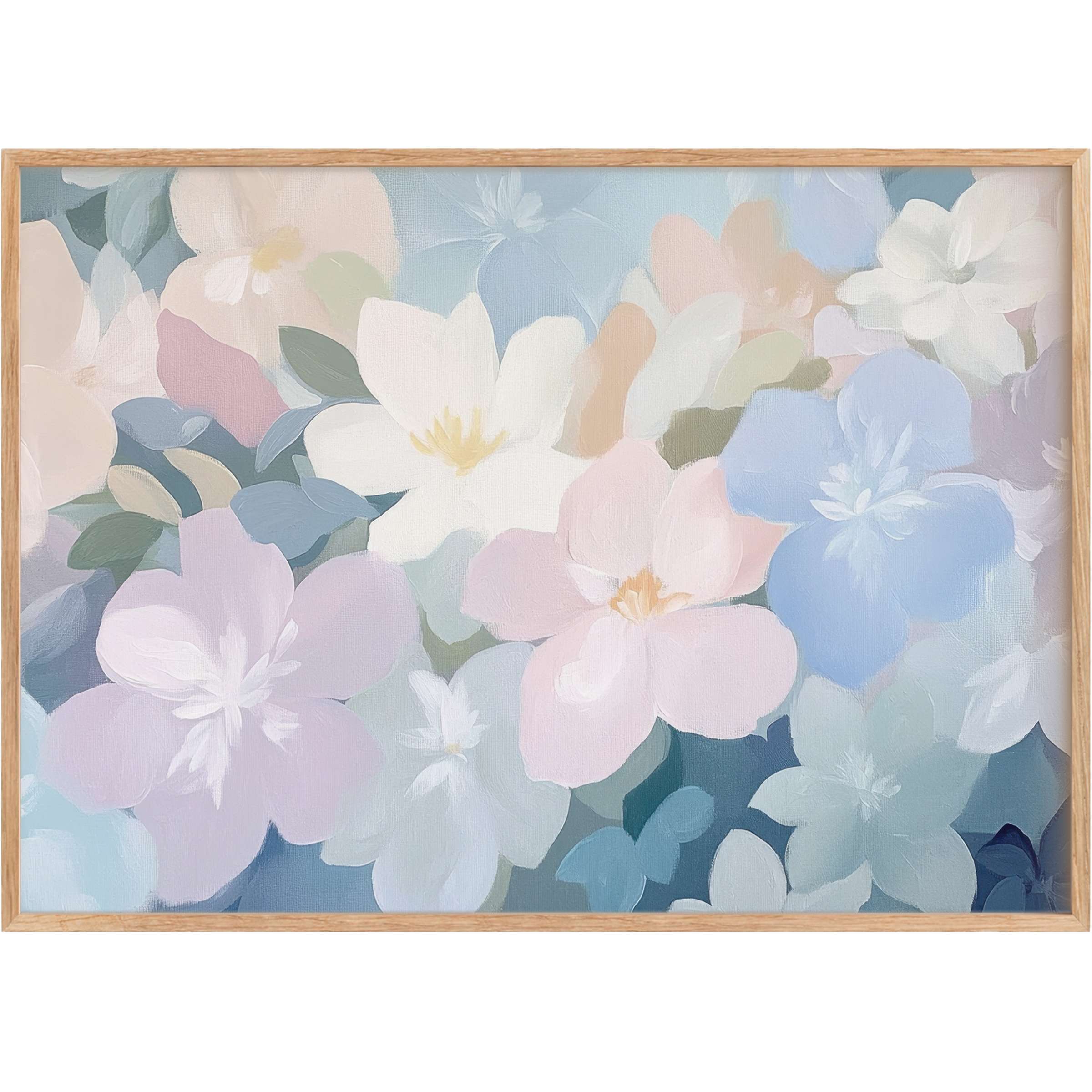 Soft pastel blooms in soothing blues and blushes create a calming, elegant nursery printable wall art that elevates serene spaces