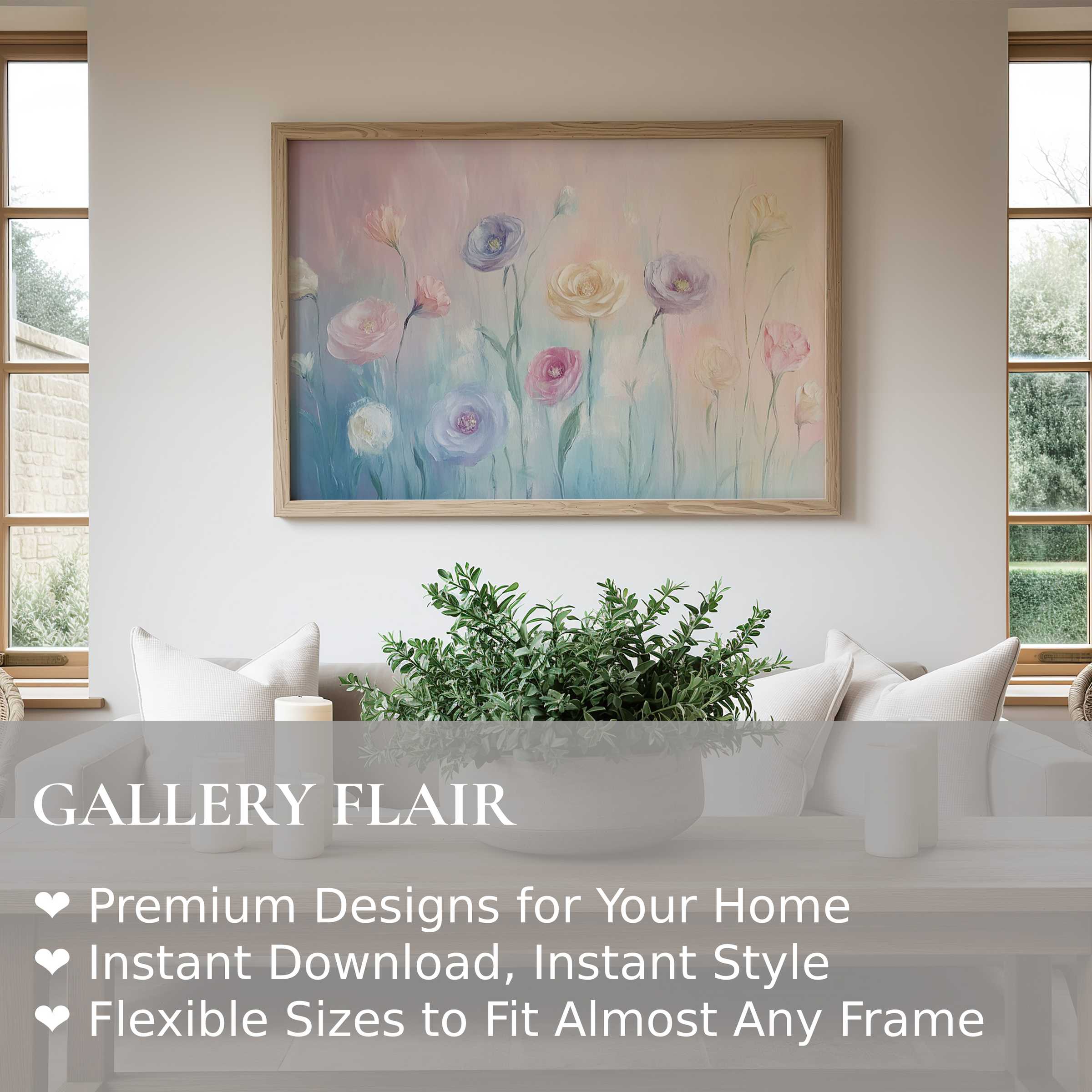 Soft pastel floral wall art print with delicate blooms enhancing serene, modern minimalist living spaces with calming elegance