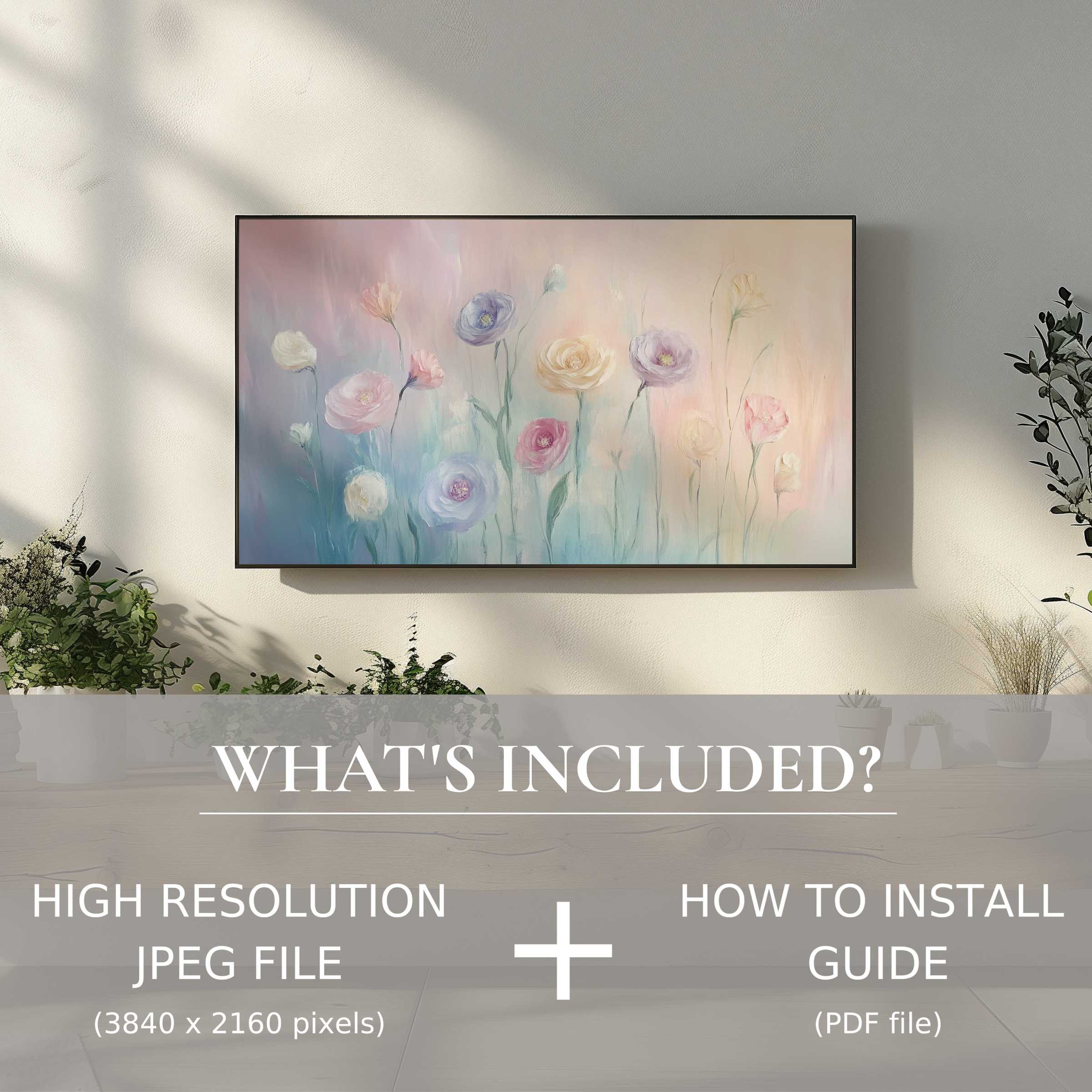 Elegant floral digital TV art download enhances modern living spaces with easy digital use and subtle pastel blooms
