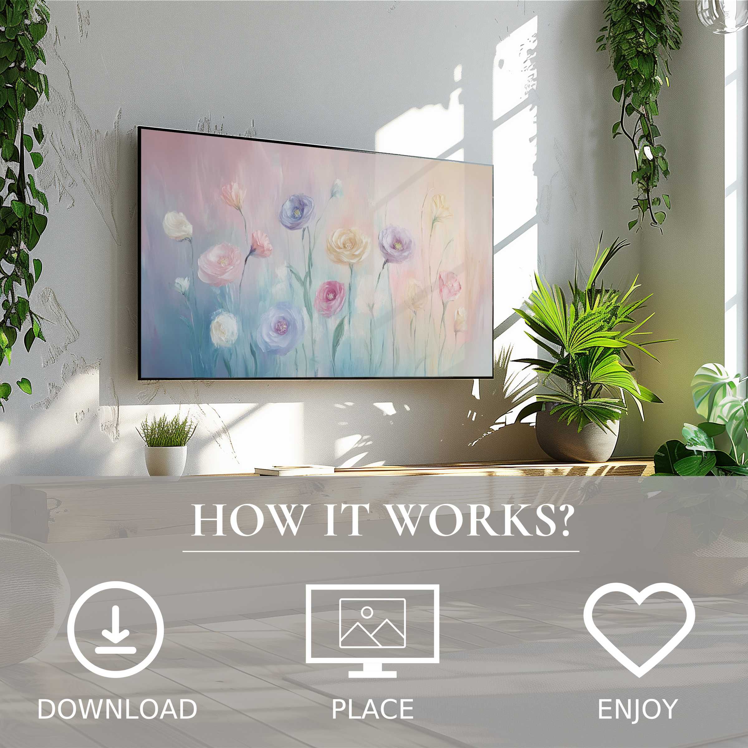 Floral art for Samsung TV in soft pastel blooms, easy digital download brightens modern living spaces with style