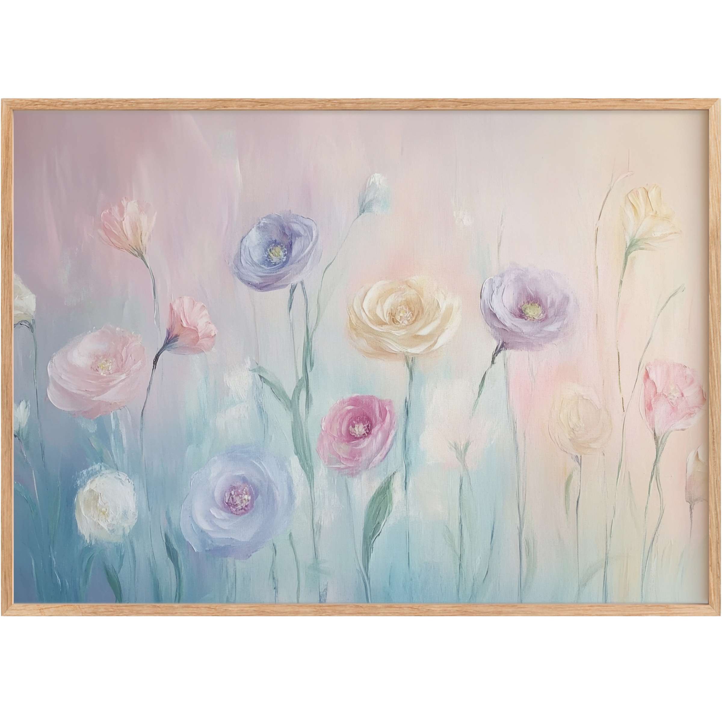Delicate floral printable wall art in soft pastels evokes a serene, dreamy ambiance, perfect for elegant, style-savvy interiors