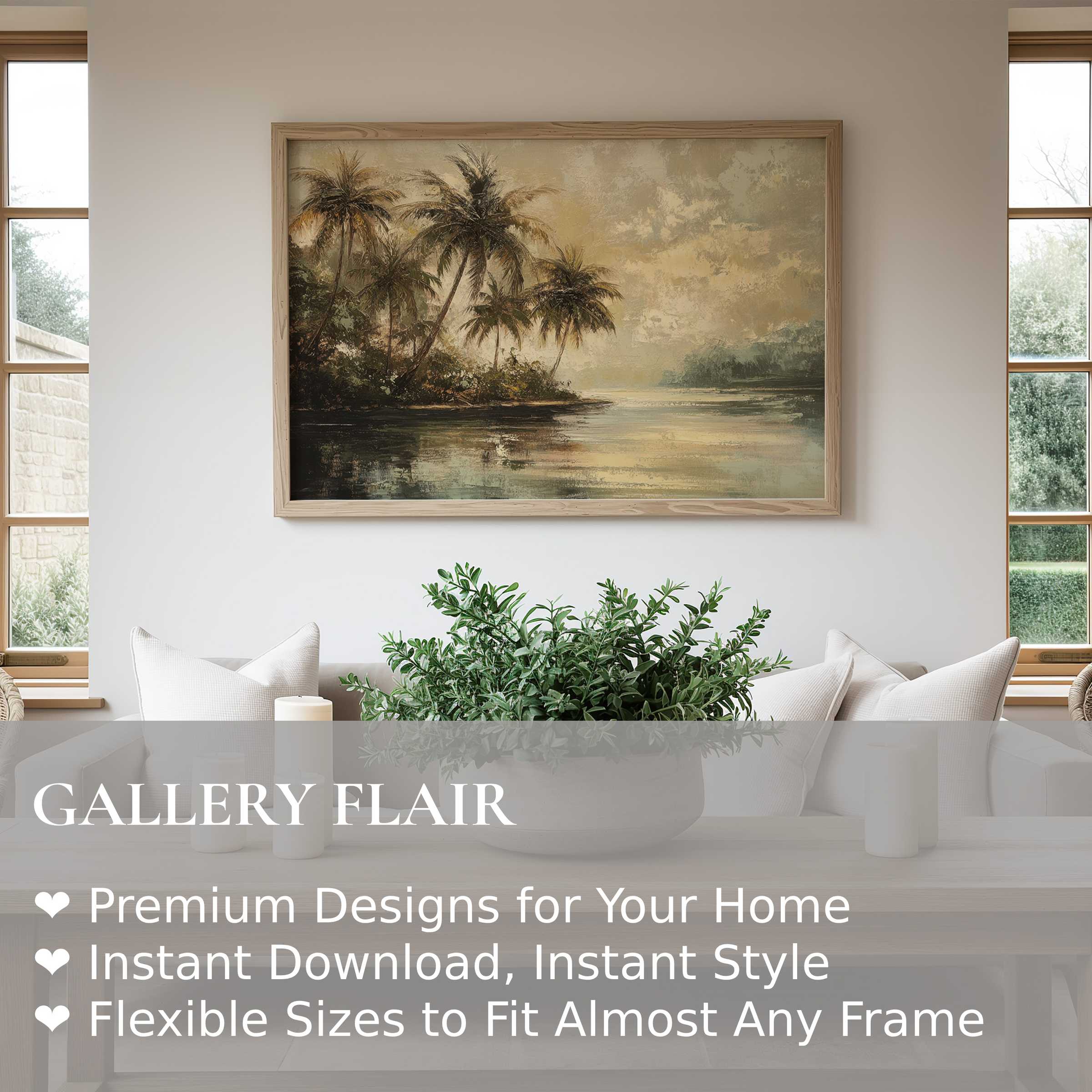 Vintage wall art print of serene tropical palm landscape in muted earth tones, enhancing modern minimalist interiors with tranquil, timeless elegance