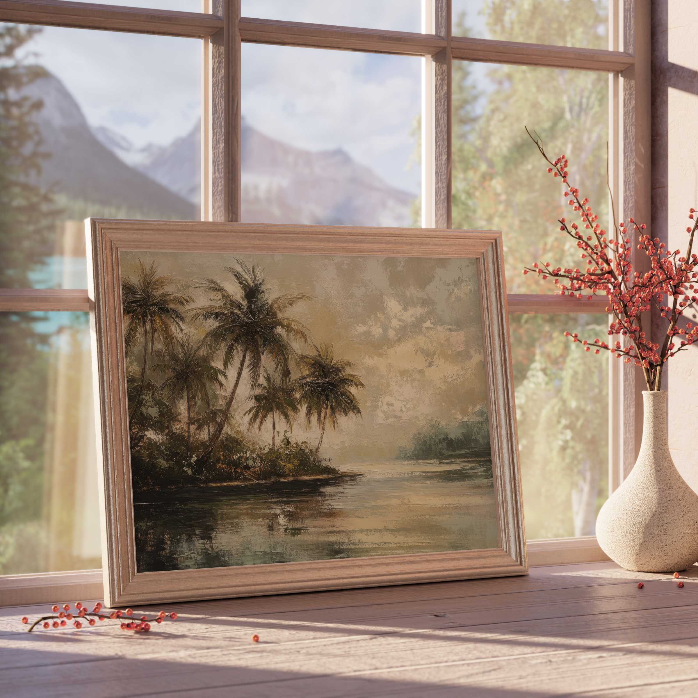 Vintage downloadable art of serene palm trees by misty waters, evoking calm coastal elegance in curated, tranquil interiors