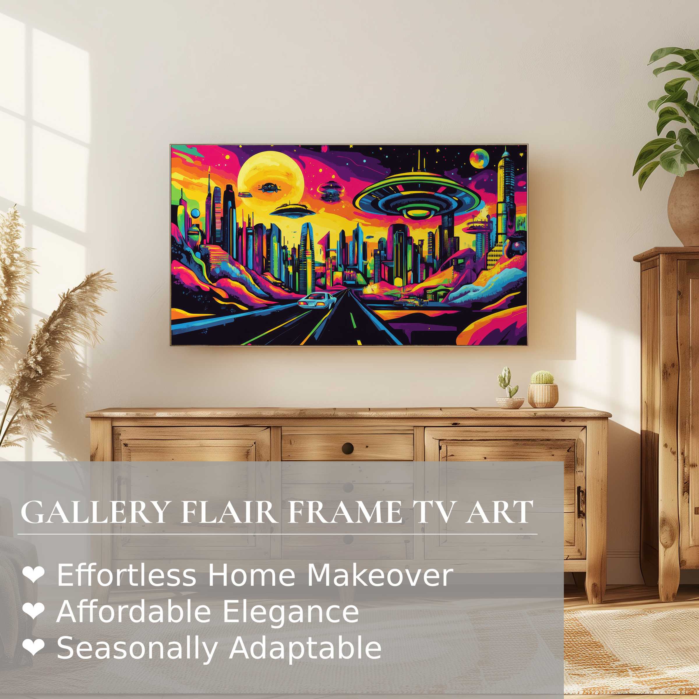 Samsung Frame TV showcasing vibrant pop art digital artwork of a futuristic cityscape in a sleek modern setting