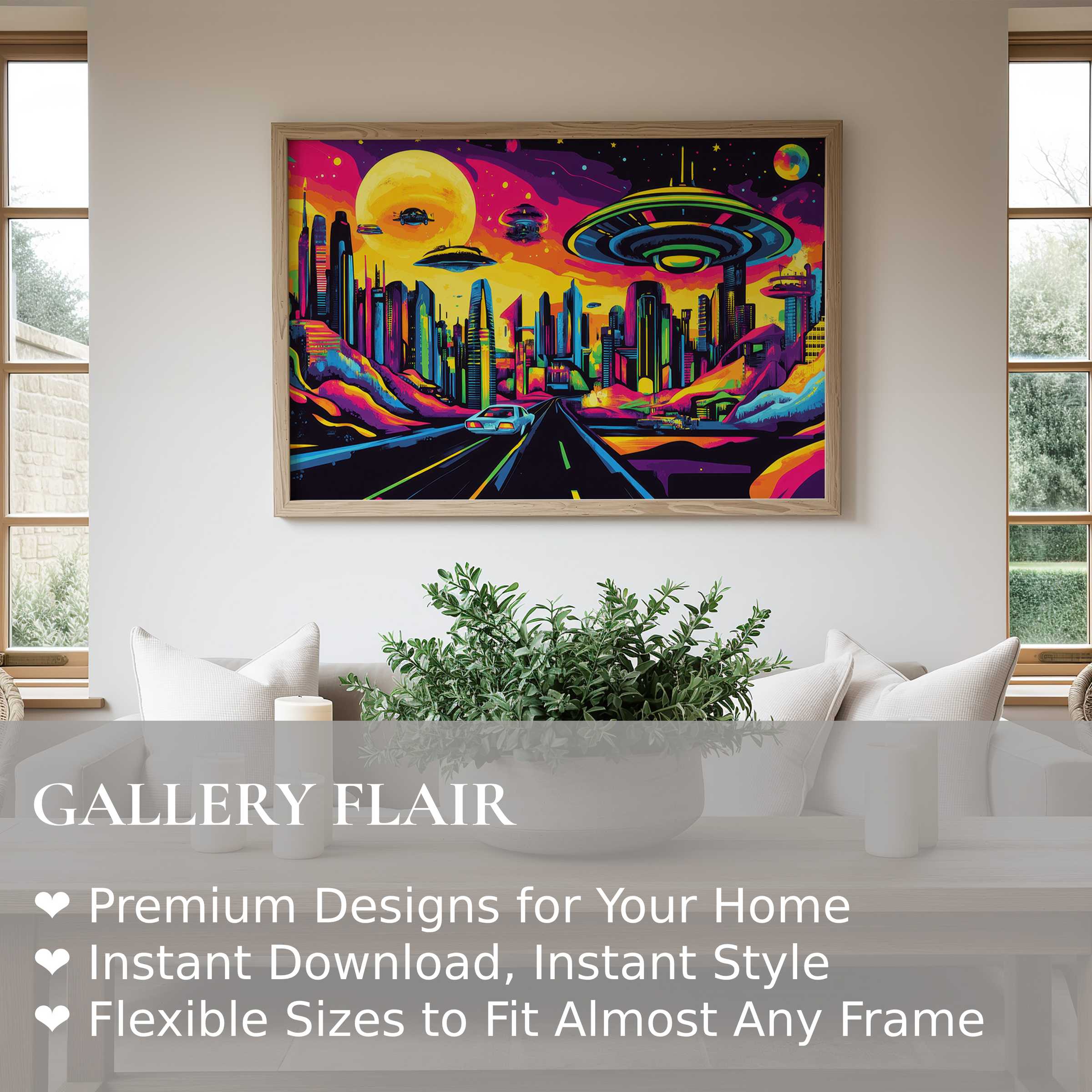 Vivid pop art wall art print featuring a futuristic cityscape with UFOs, energizing a modern minimalist living space with bold, radiant colors