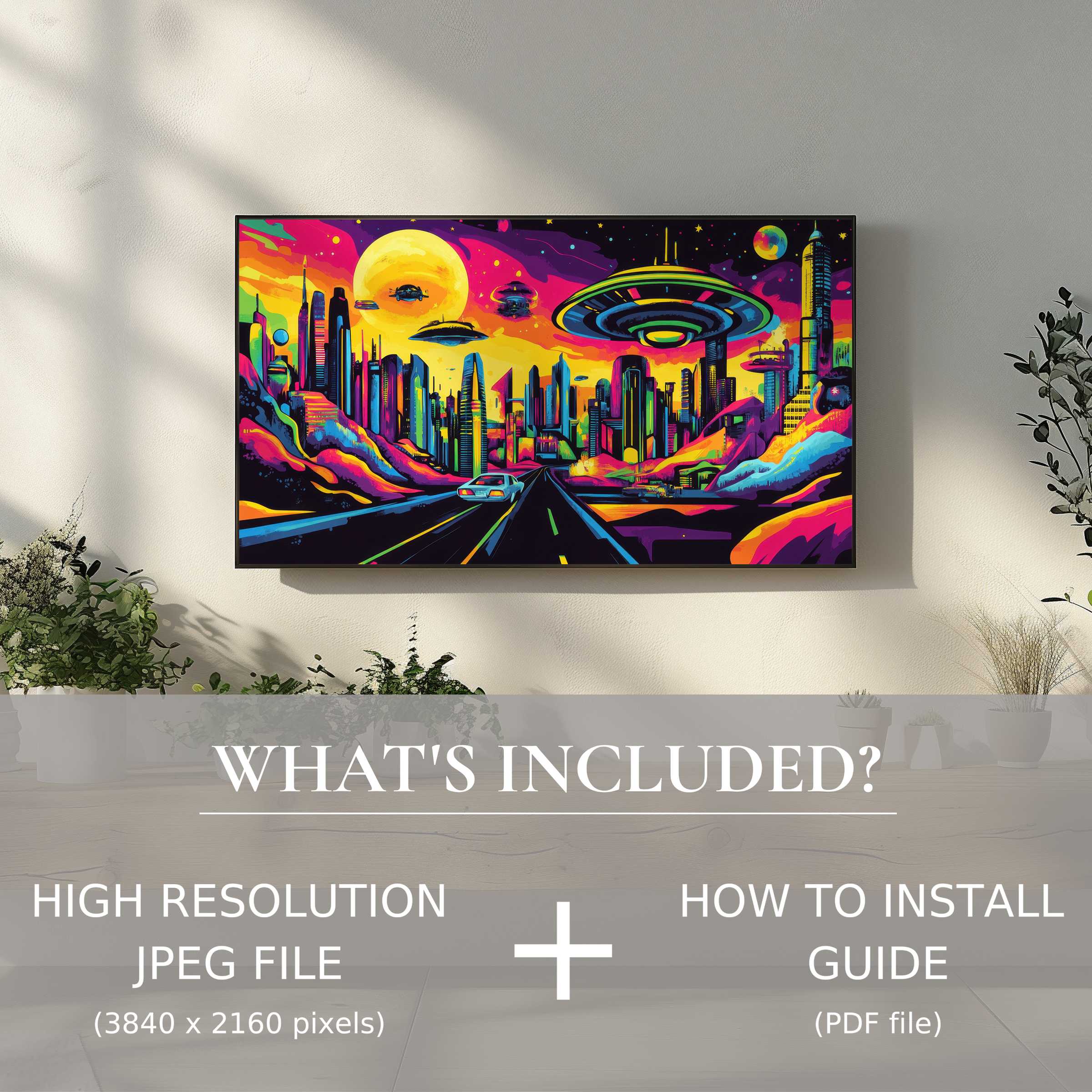 Modern living room with vibrant pop art digital TV art download, easy to use, elevates style and ambiance effortlessly