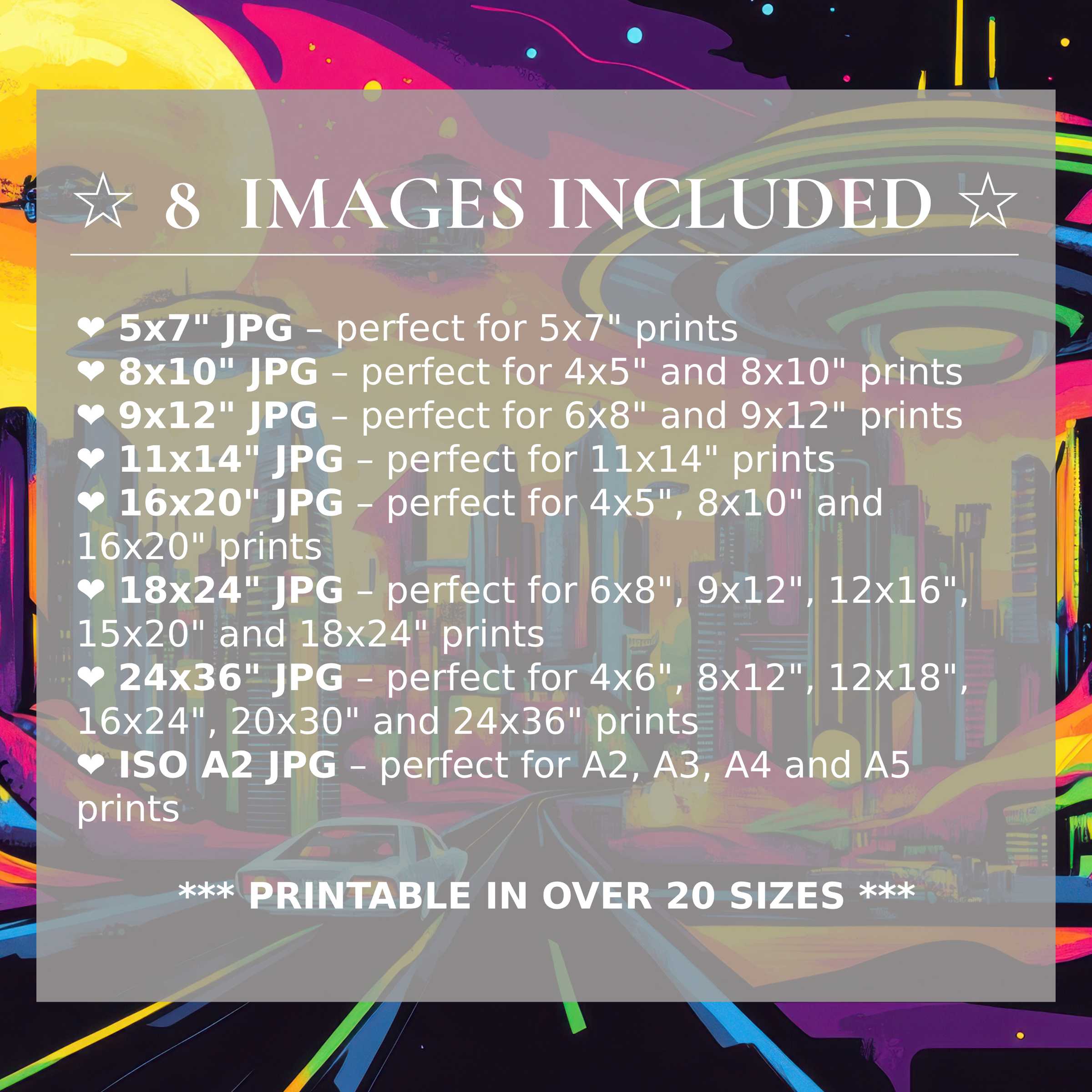 Pop art digital print radiates bold neon hues of yellow, pink, and blue, instantly elevating modern interiors with 8 included high-quality sizes for versatile, stylish décor