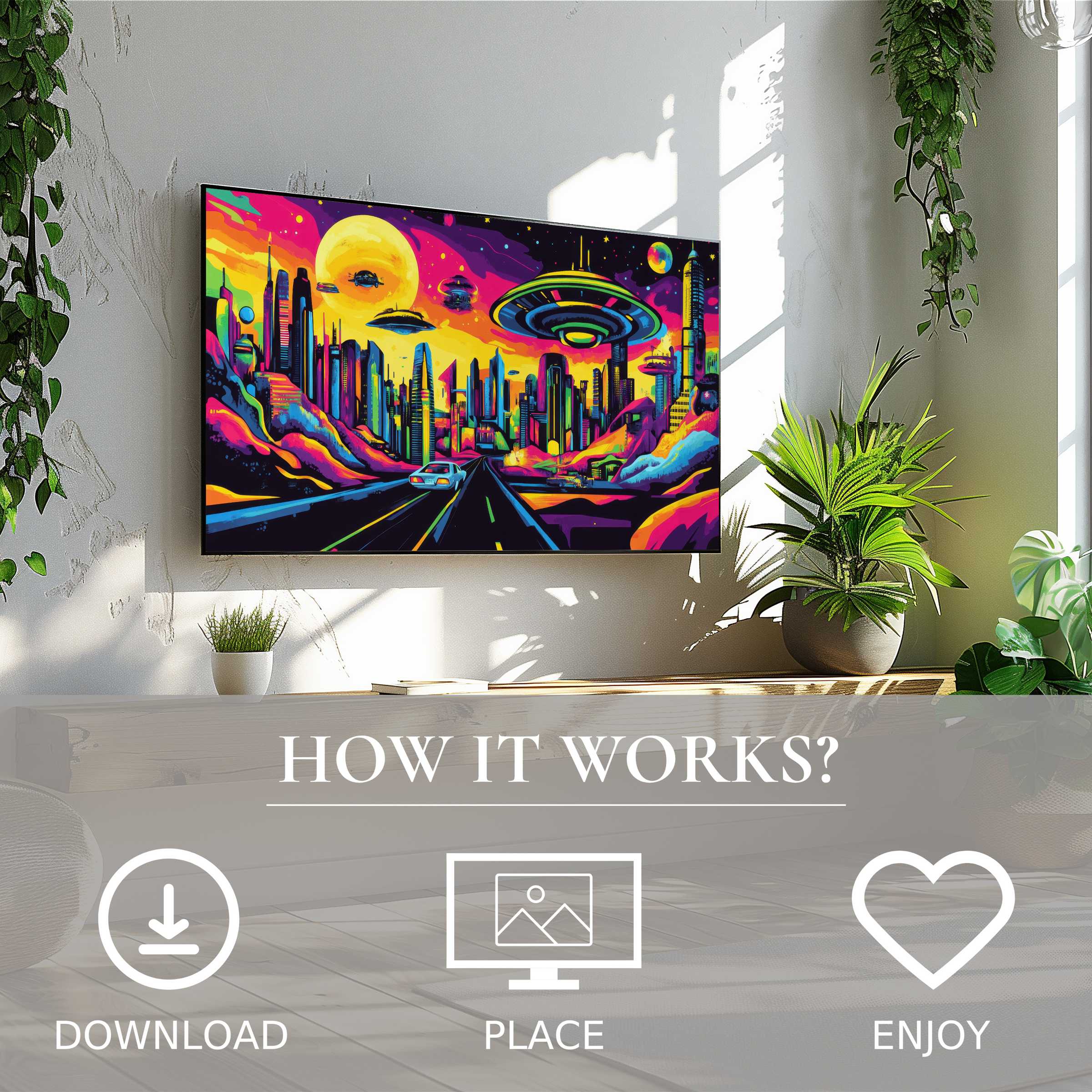 Pop art art for Samsung TV in a bright cityscape motif, easy digital download enriches modern living spaces