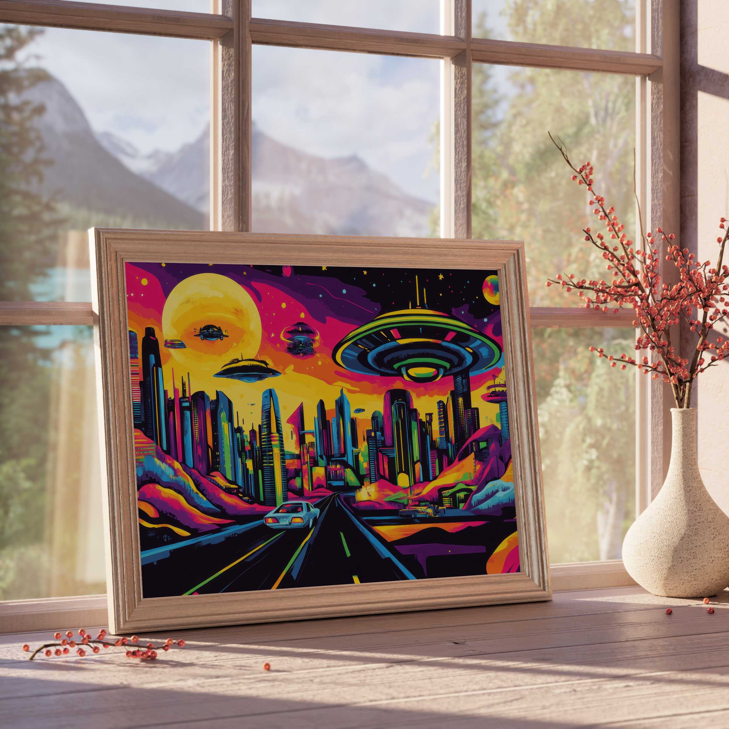 Vibrant pop art downloadable art captures a futuristic cityscape with neon hues, elevating curated, design-forward interiors