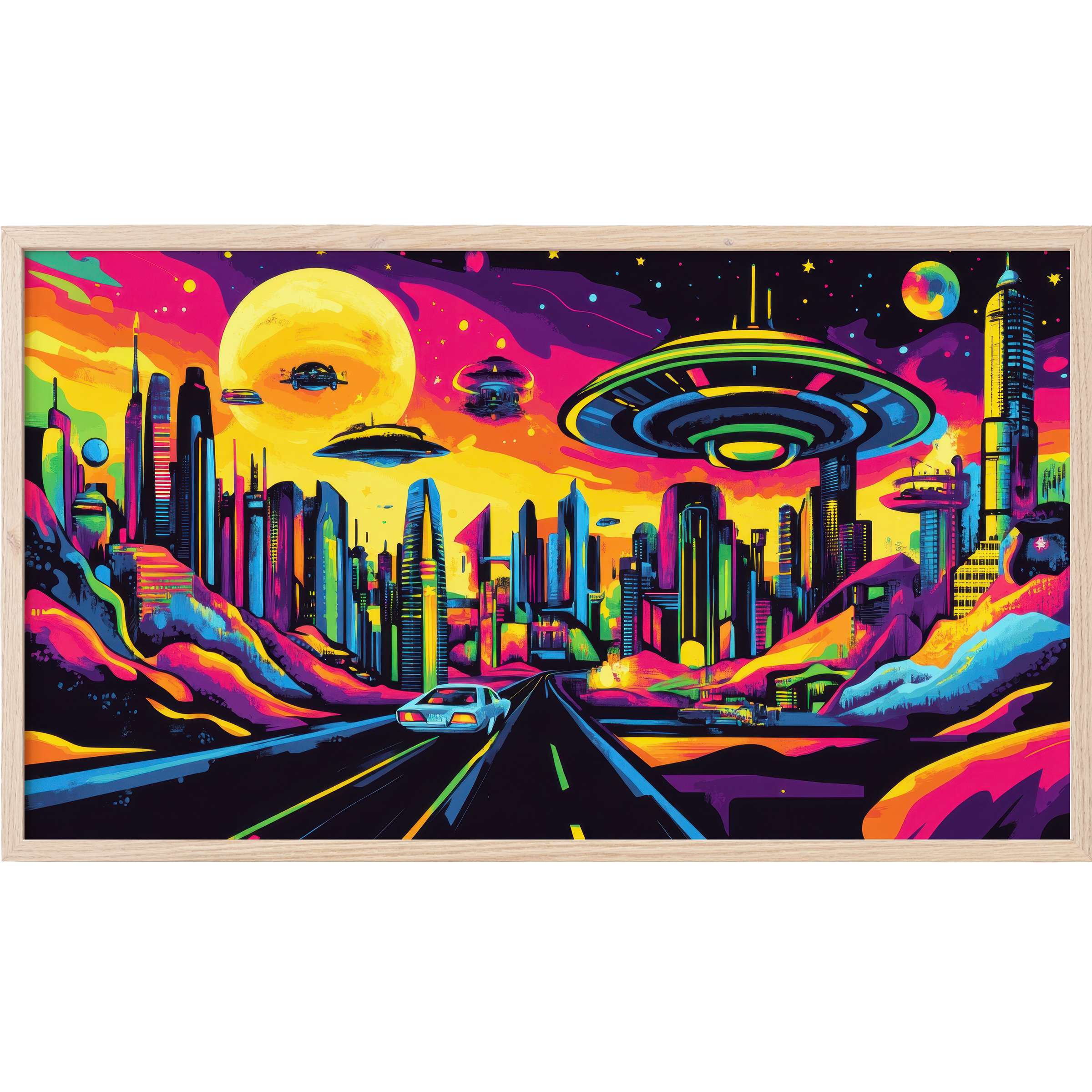 Vibrant futuristic cityscape with neon hues and flying saucers, a bold pop art Frame TV Art for stylish interiors