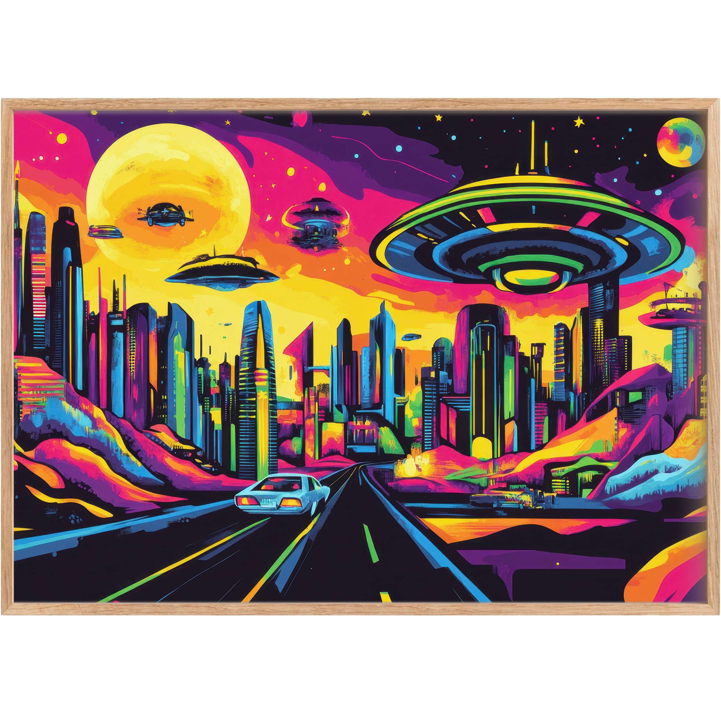Futuristic pop art printable wall art in vivid neon pinks, yellows, and blues creates a bold, electrifying cityscape mood