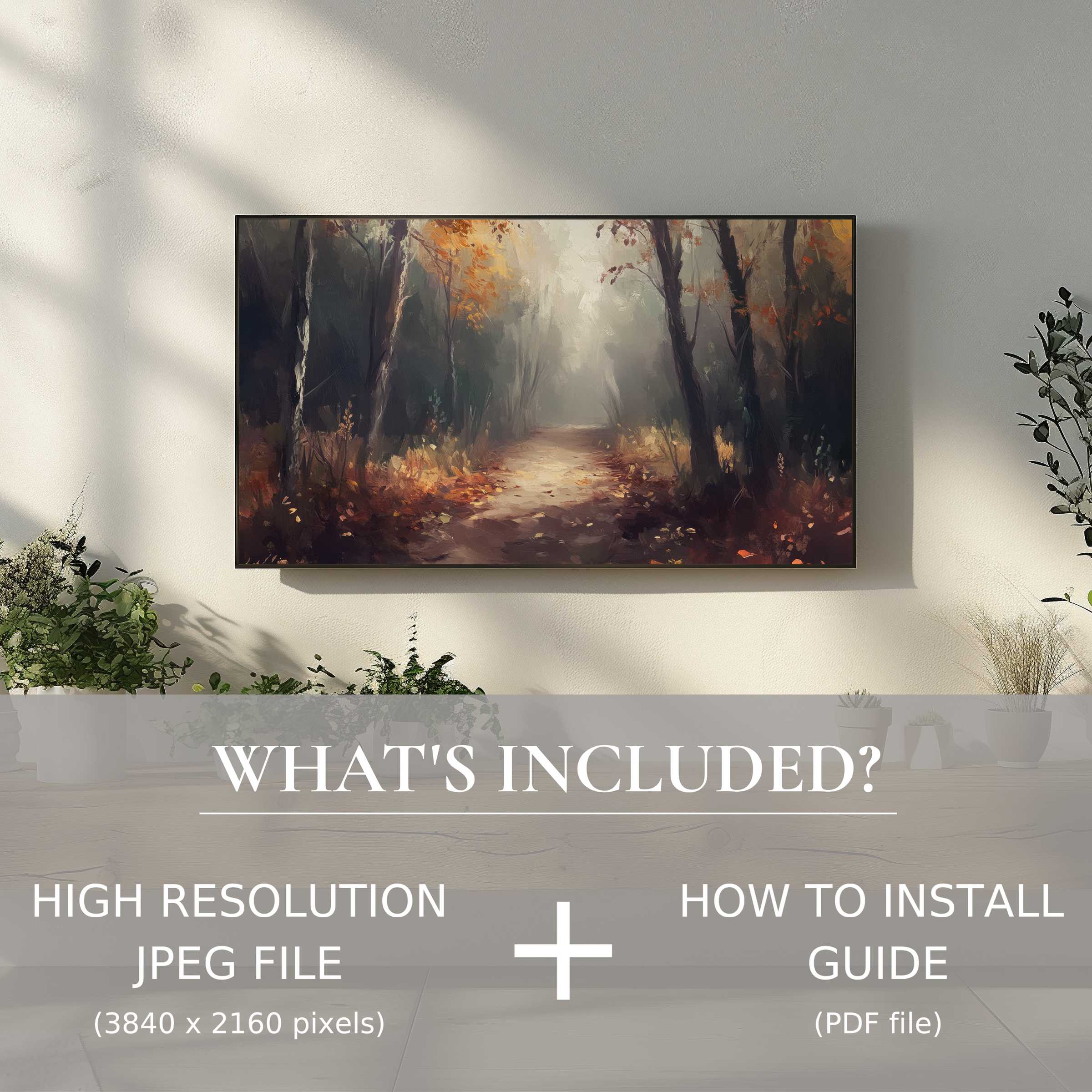 Elegant landscape digital TV art download, easy digital use enhances stylish living spaces with serene forest scene