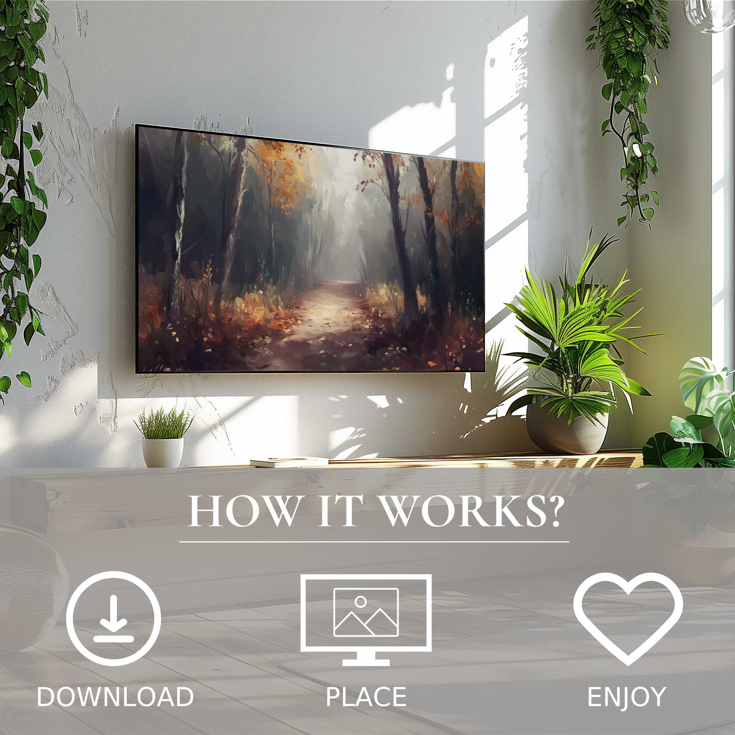 Modern living room with landscape art for Samsung TV, soft autumn forest tones, easy digital download, enriches space