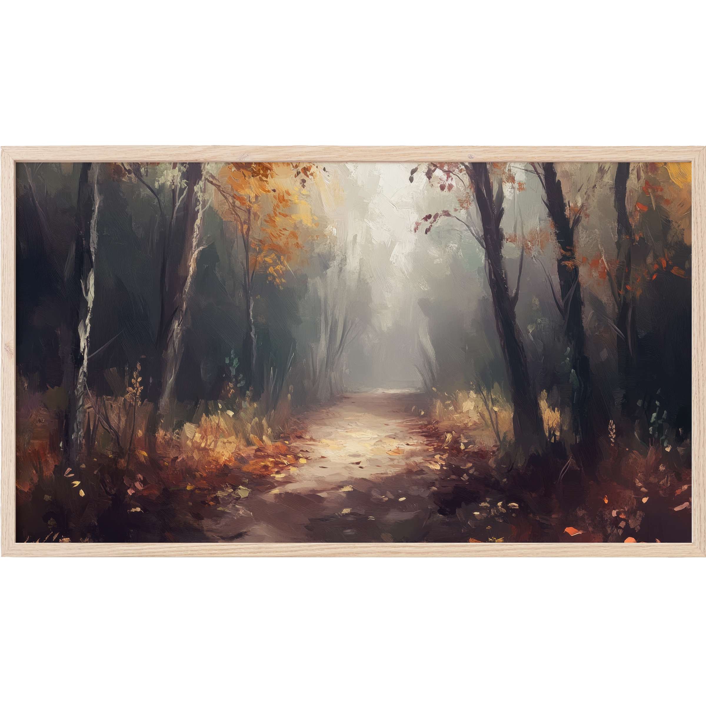 Misty forest pathway in autumn hues with soft light and textured brushstrokes, landscape Frame TV Art