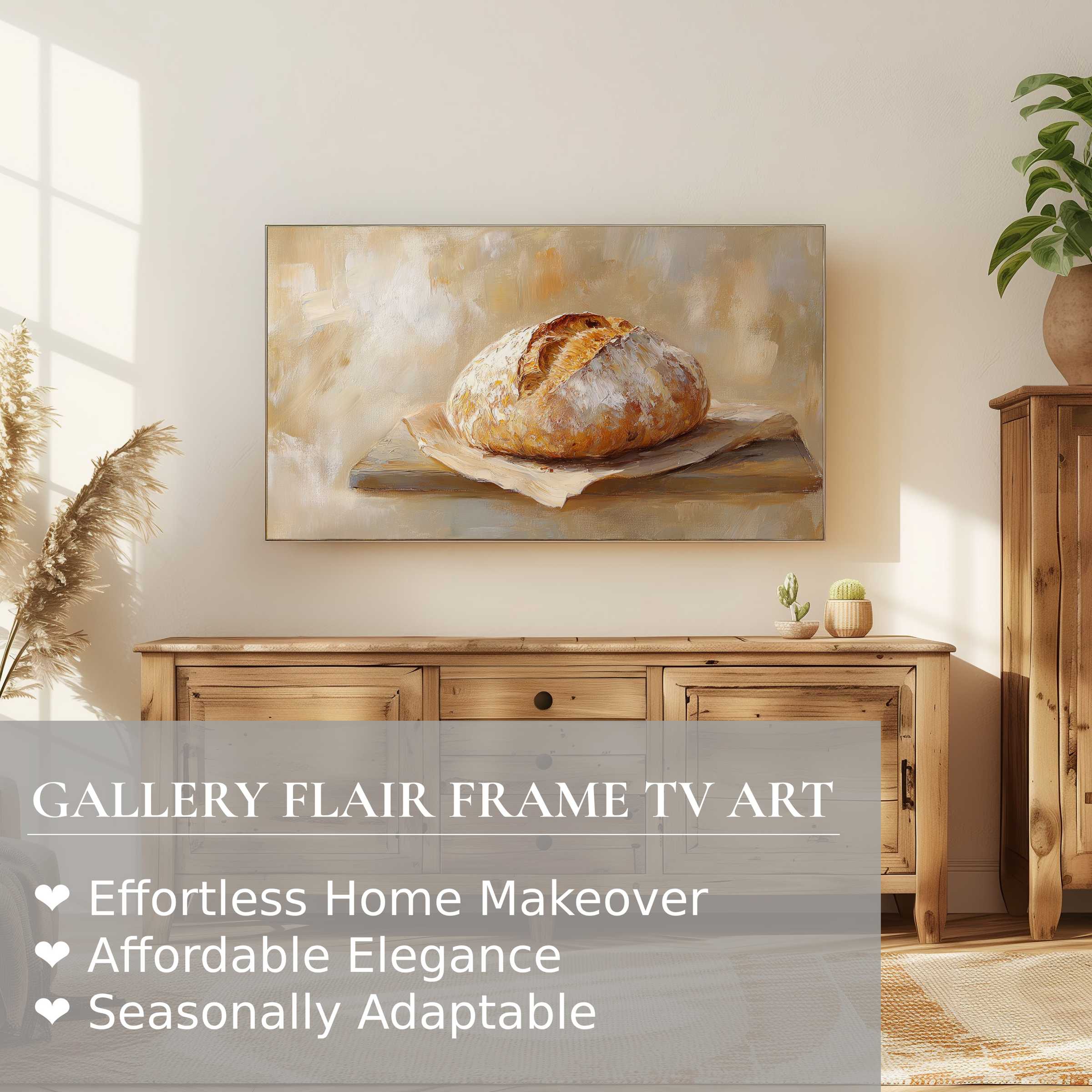 Samsung Frame TV displaying warm, inviting farmhouse digital artwork of rustic bread in a modern cozy setting