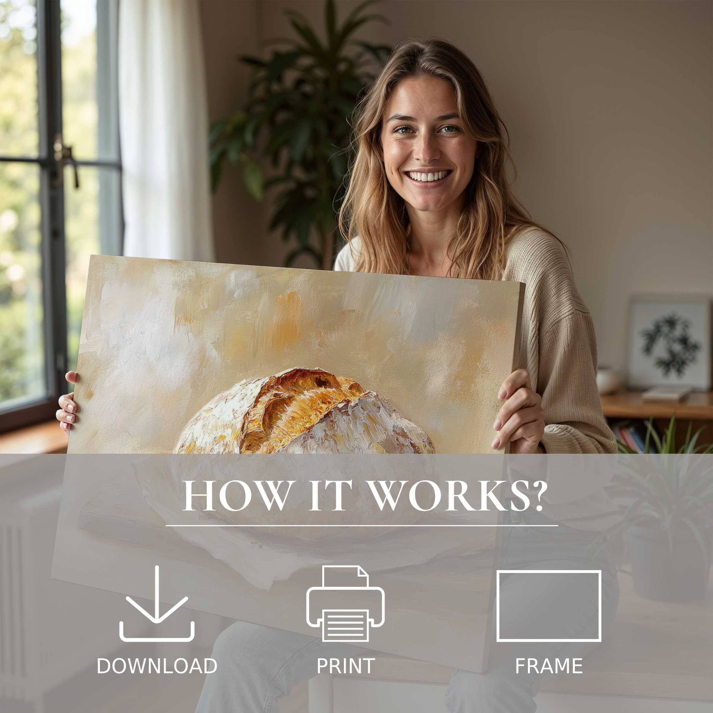 Radiant woman in a sunlit modern home shares the warm embrace of farmhouse digital art print, blending calm and joy