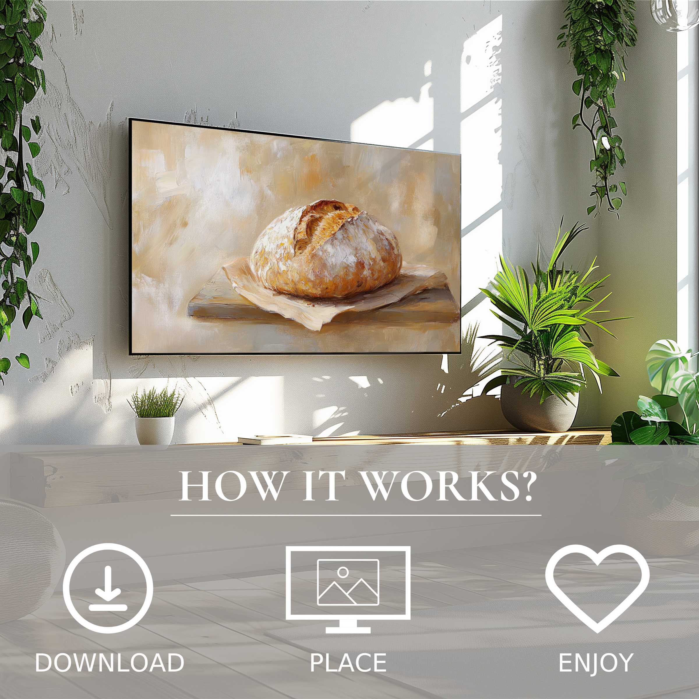 Farmhouse art for Samsung TV: simple digital download of warm bread motif enriches modern, plant-filled living space