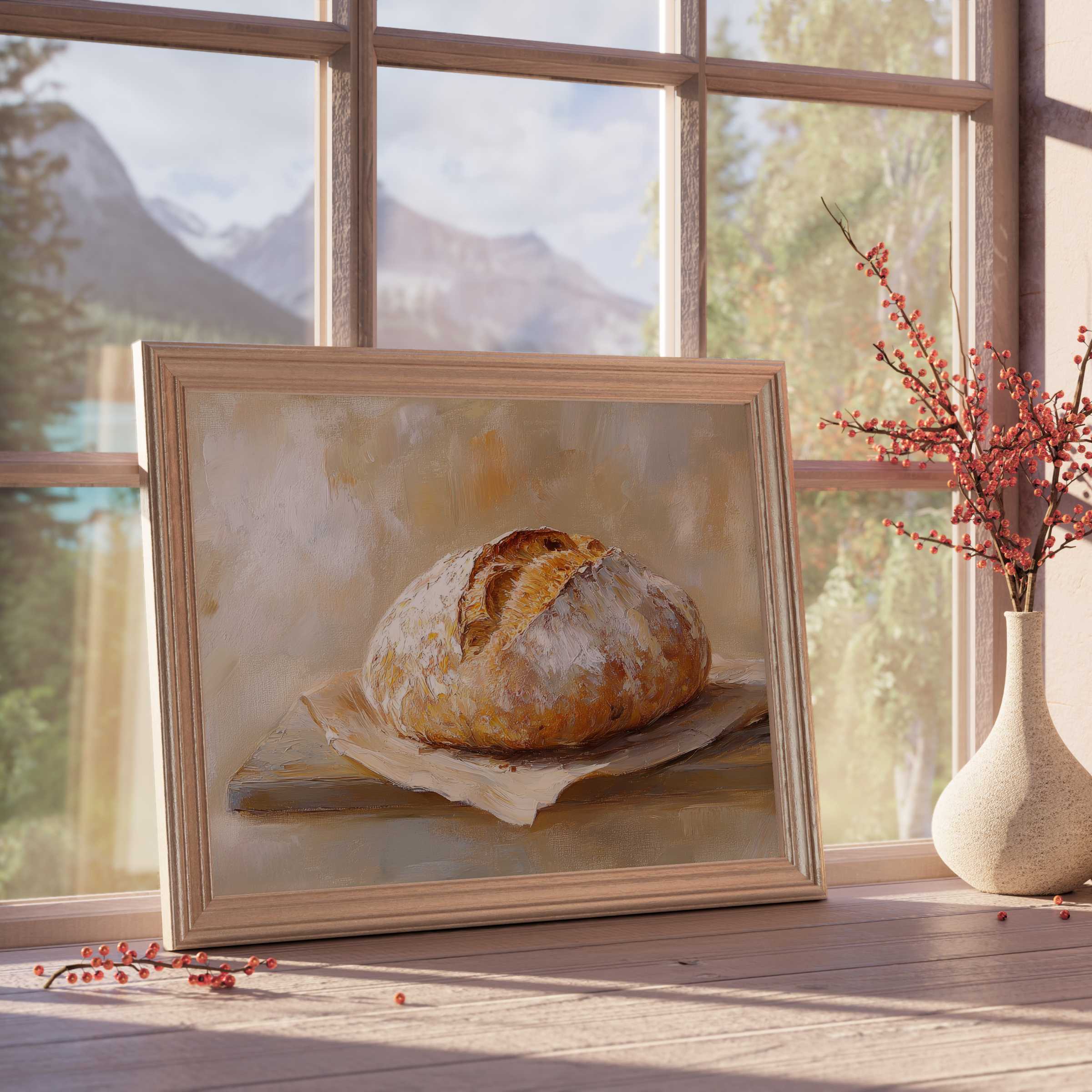Farmhouse downloadable art capturing warm rustic charm with textured loaf painting, ideal for serene, refined kitchen decor