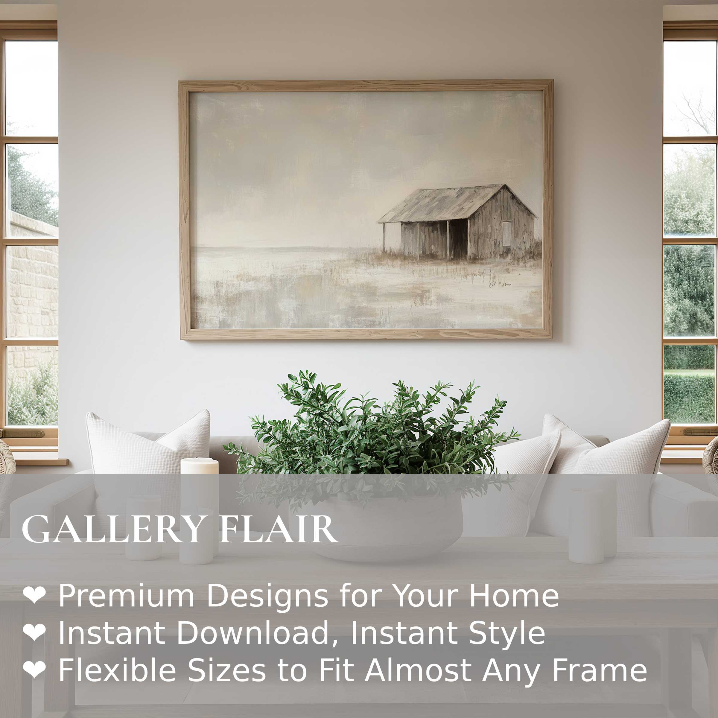 Coastal wall art print featuring a serene, rustic beach shack in soft neutrals, enhancing minimalist coastal and modern farmhouse interiors