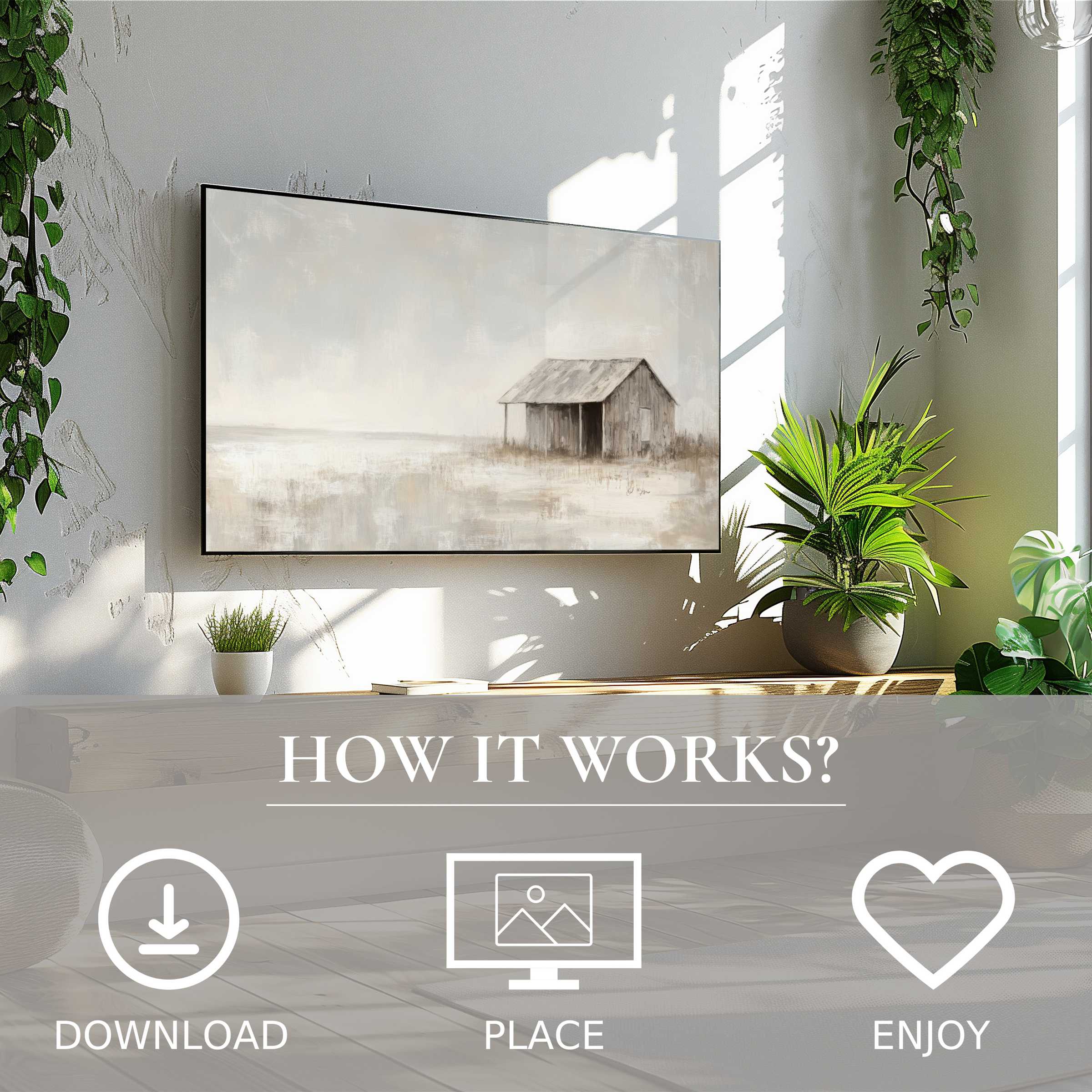 Modern living room with coastal art for Samsung TV; soft muted tones of a seaside cabin, easy digital download