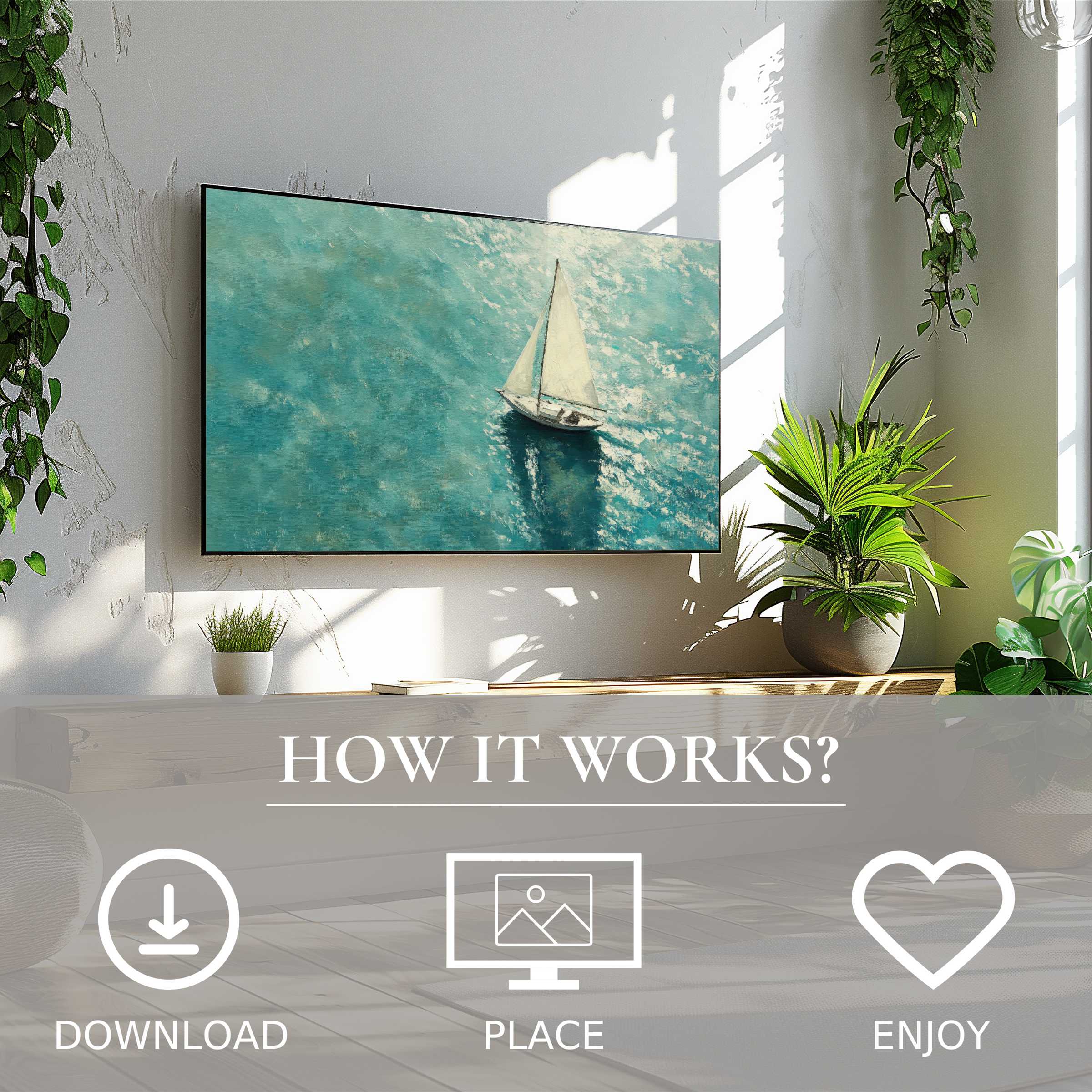 Summer art for Samsung TV: digital download shows soft turquoise waves and a sailboat, enhancing modern, light living spaces