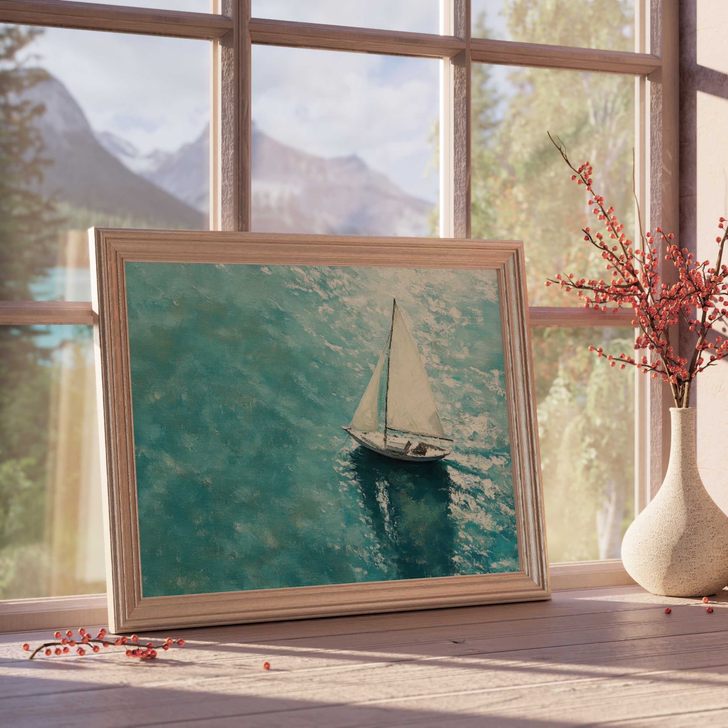 Serene summer downloadable art capturing a sailboat gliding over sunlit turquoise waters, perfect for tranquil, design-forward interiors