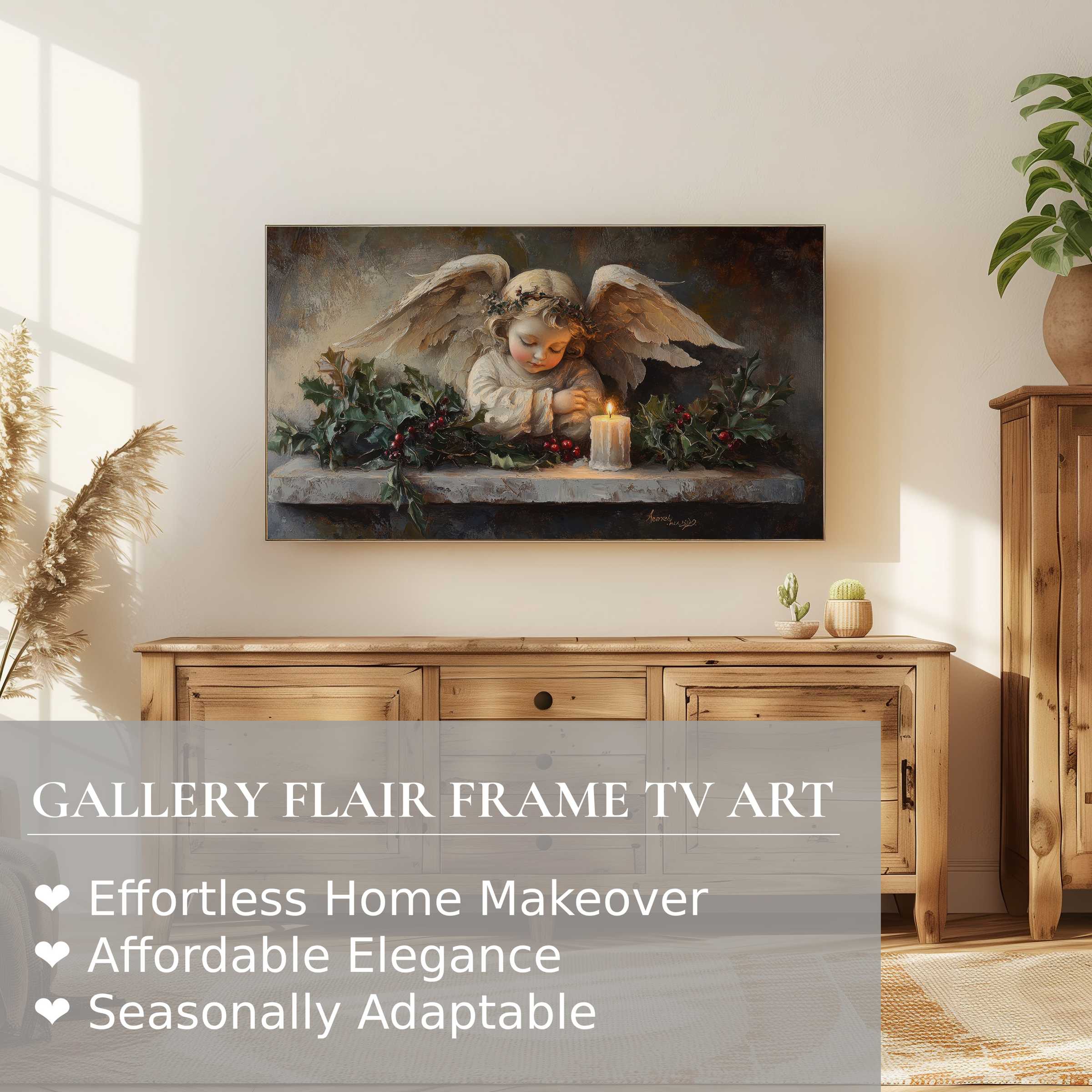Samsung Frame TV displaying a classic christmas digital artwork of a serene angel in a warm, elegant living room setting