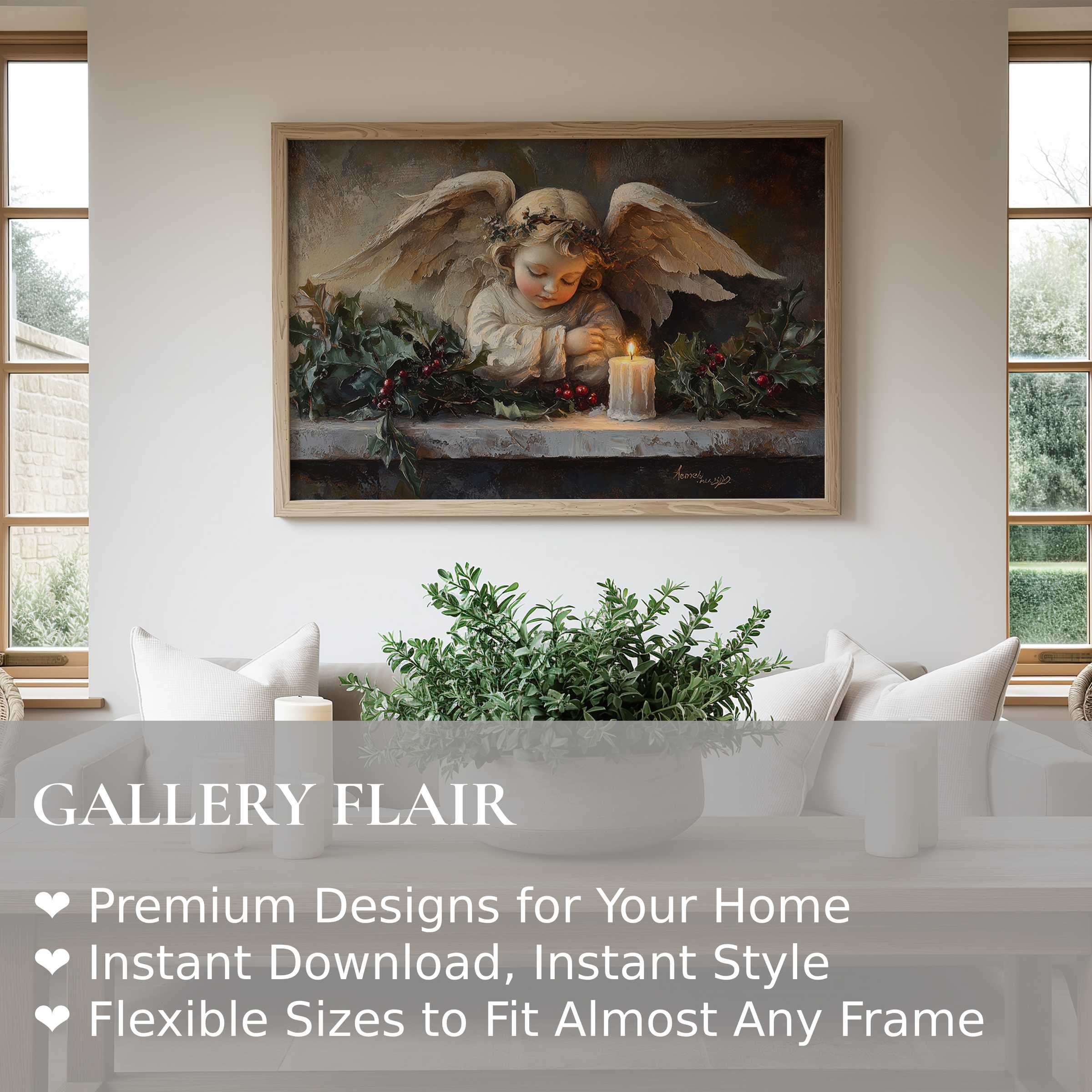 Christmas wall art print featuring a serene angel with gentle candlelight and holly, elevating modern minimalist interiors with warm, radiant charm